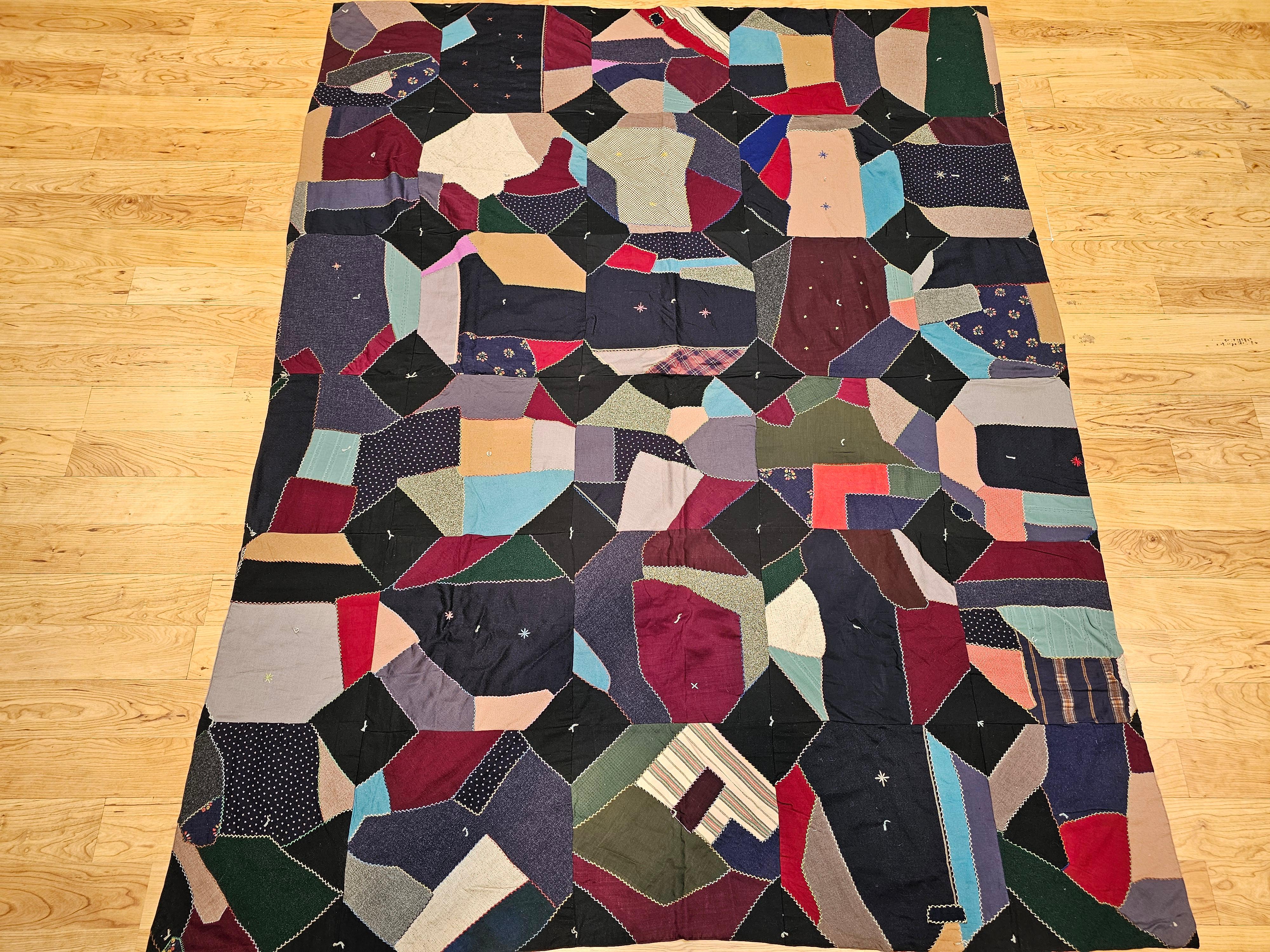 Hand-Crafted Early 20th Century American Crazy Quilt in Turquoise, Pink, Yellow, Navy, Green For Sale
