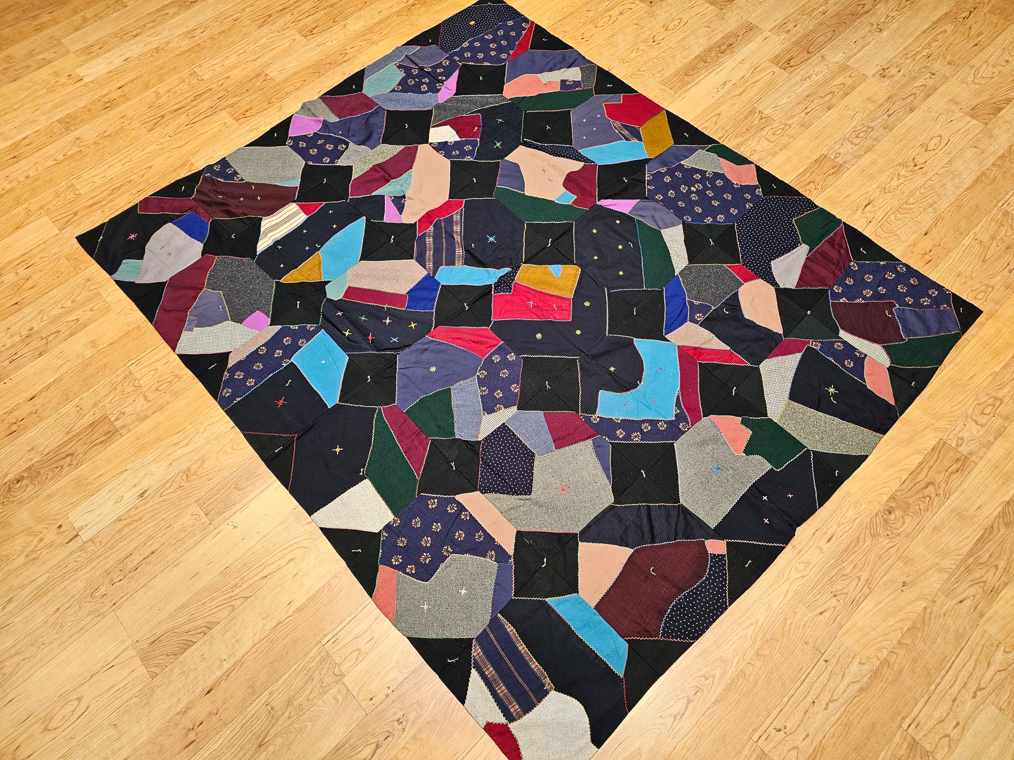 Hand-Crafted Early 20th Century American Crazy Quilt in Turquoise, Pink, Yellow, Navy, Green For Sale