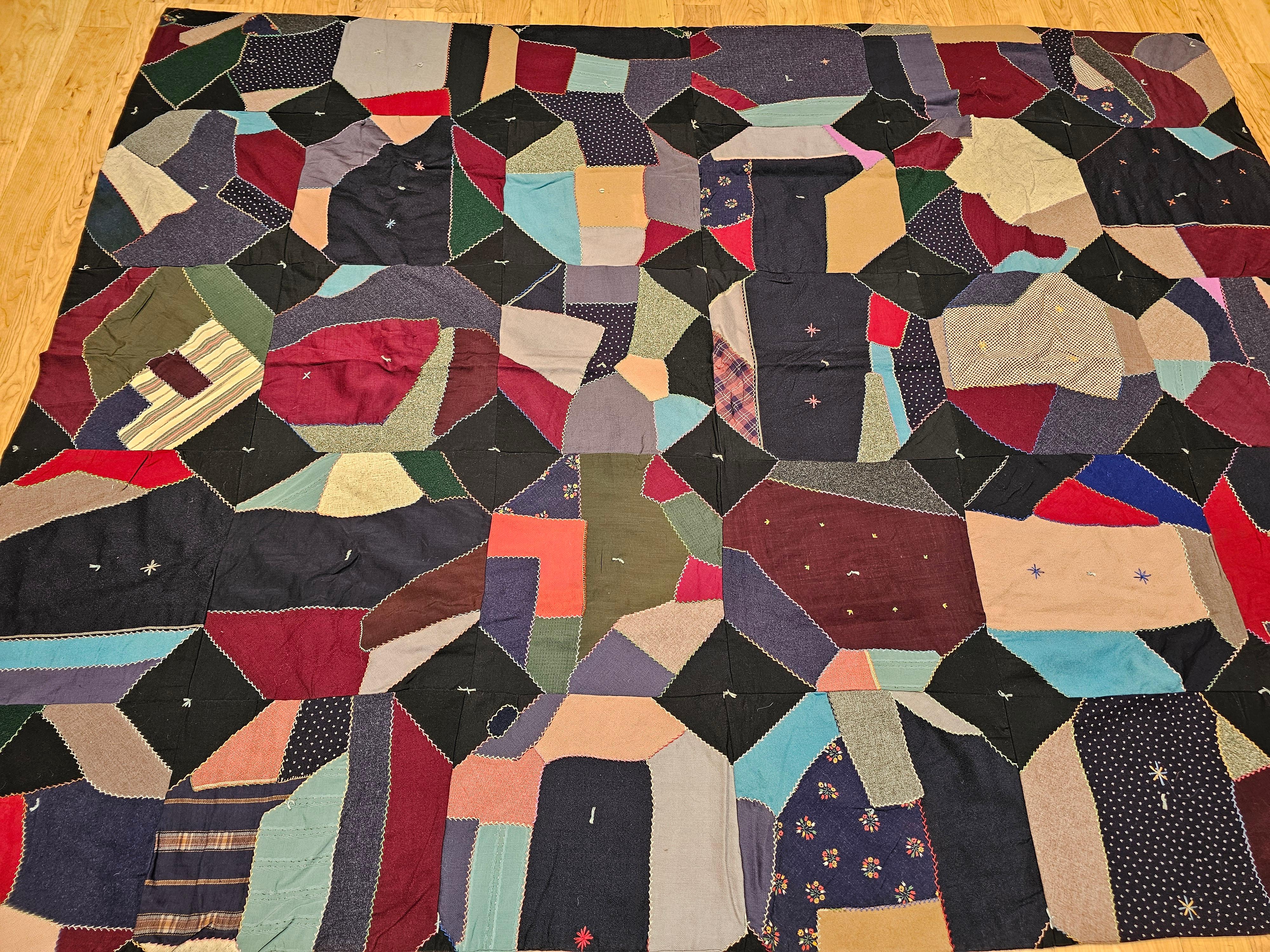 Early 20th Century American Crazy Quilt in Turquoise, Pink, Yellow, Navy, Green In Good Condition For Sale In Barrington, IL