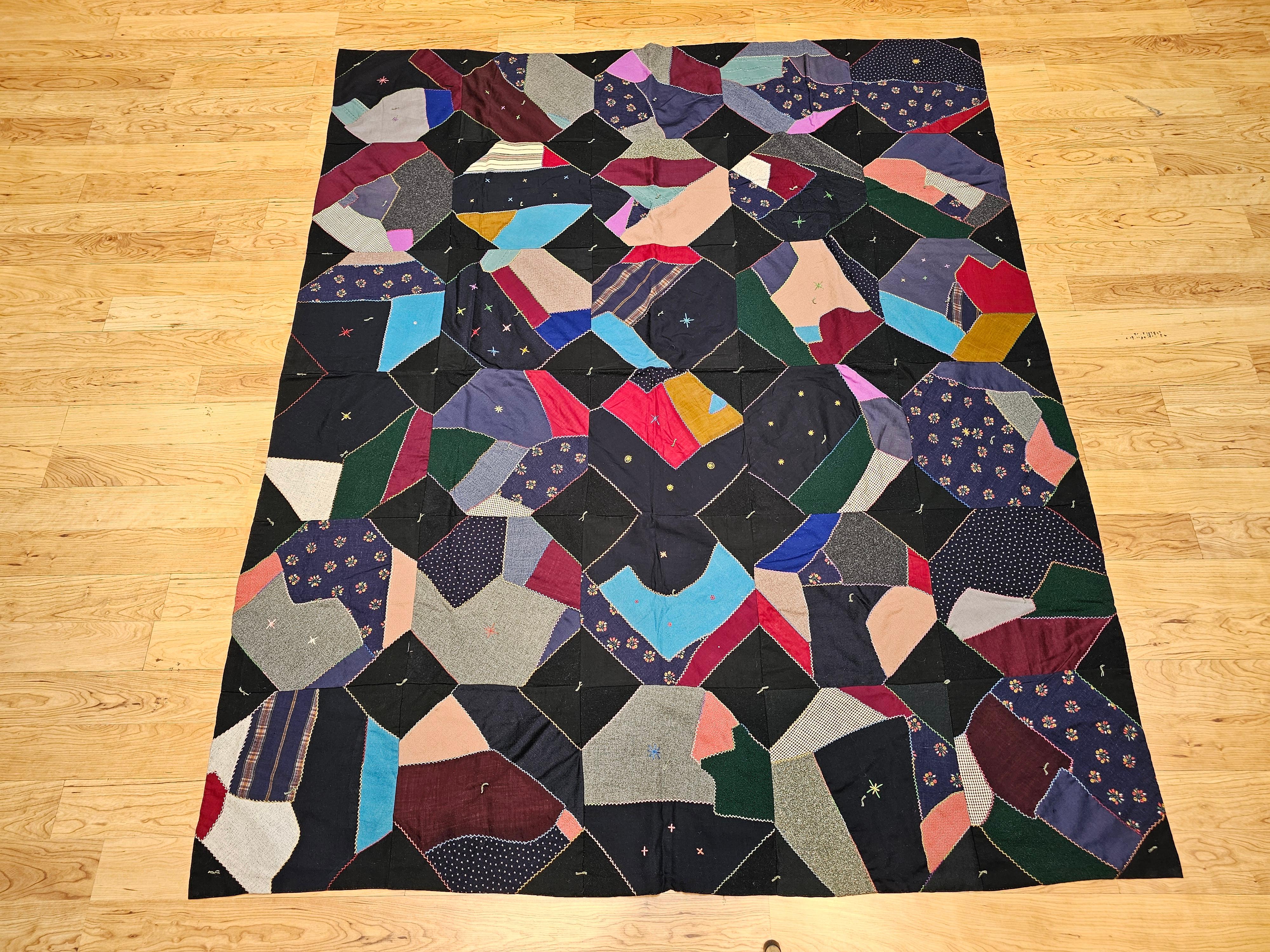Early 20th Century American Crazy Quilt in Turquoise, Pink, Yellow, Navy, Green In Good Condition For Sale In Barrington, IL