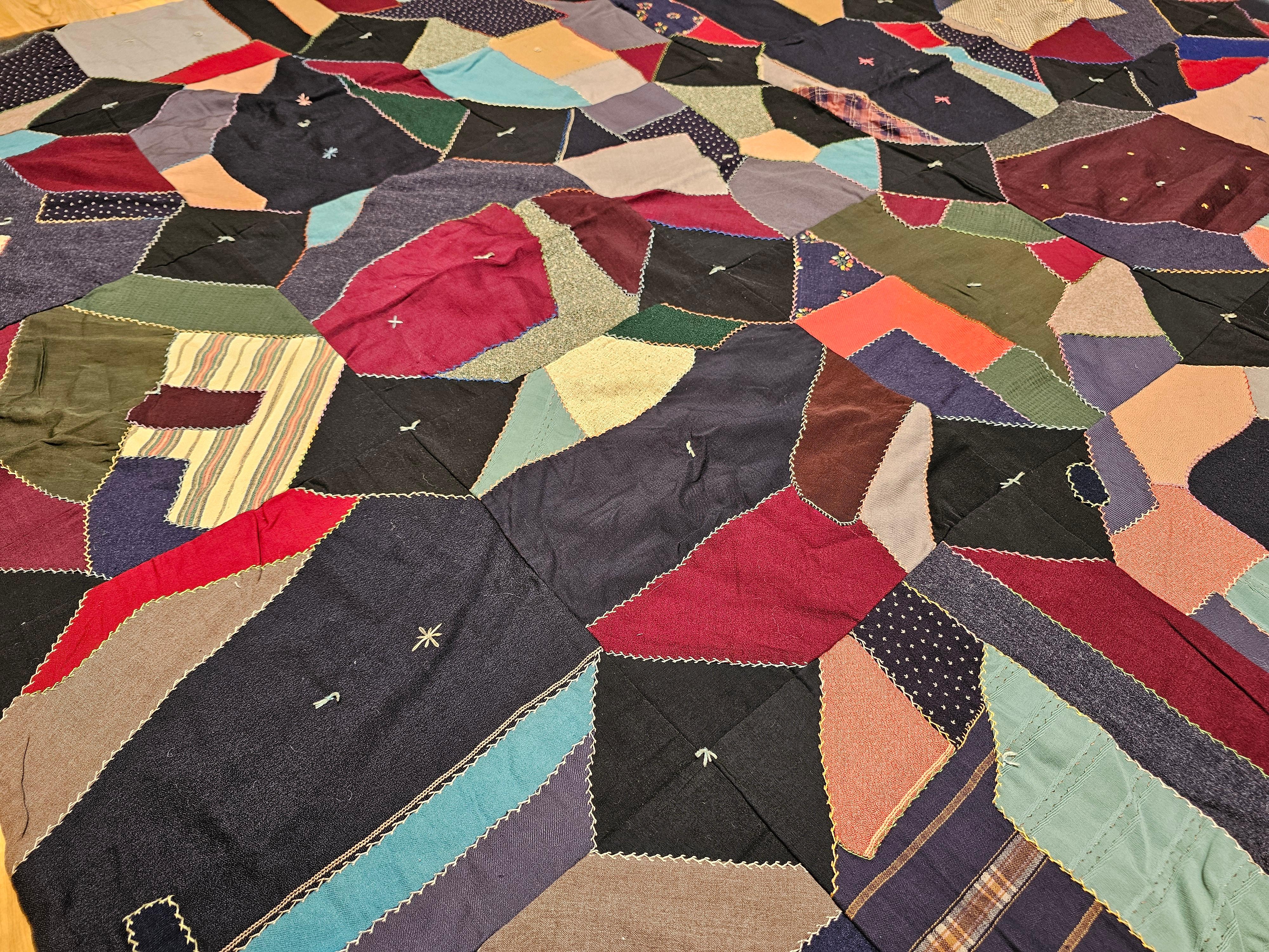 Cotton Early 20th Century American Crazy Quilt in Turquoise, Pink, Yellow, Navy, Green For Sale