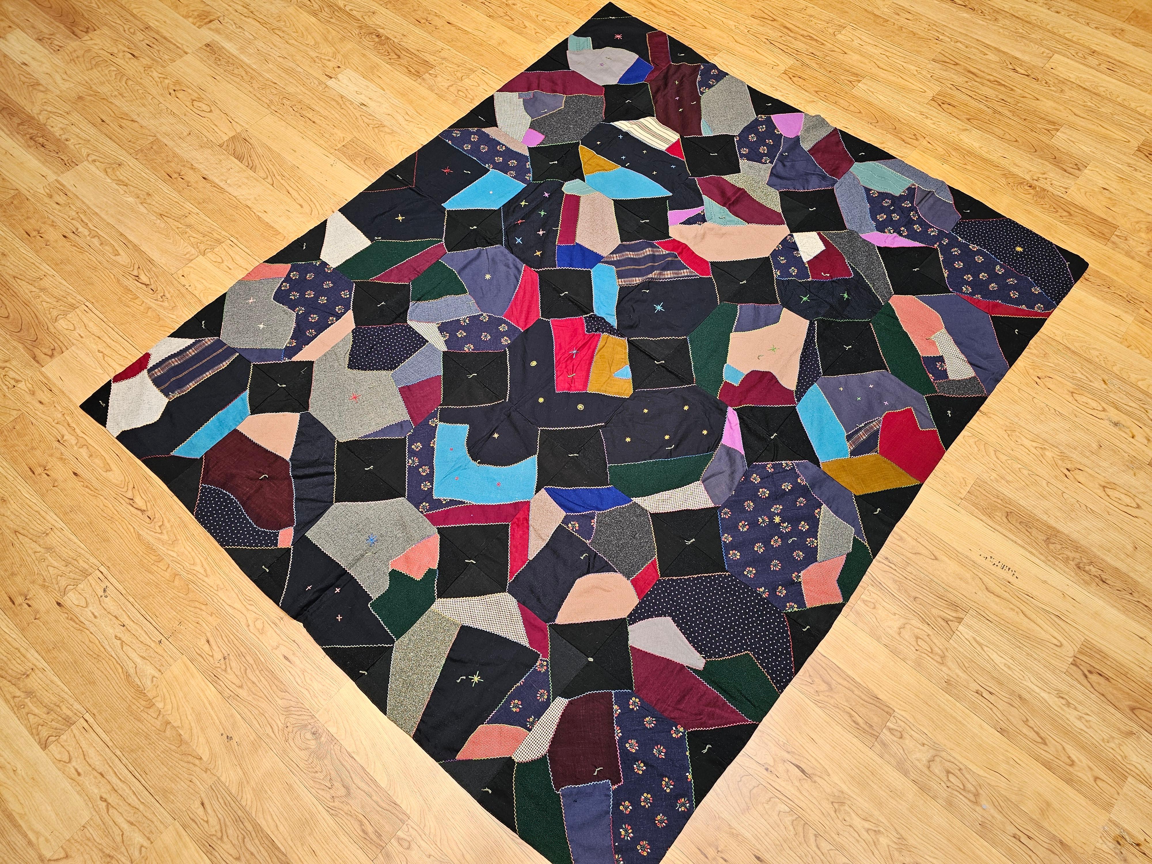 Wool Early 20th Century American Crazy Quilt in Turquoise, Pink, Yellow, Navy, Green For Sale