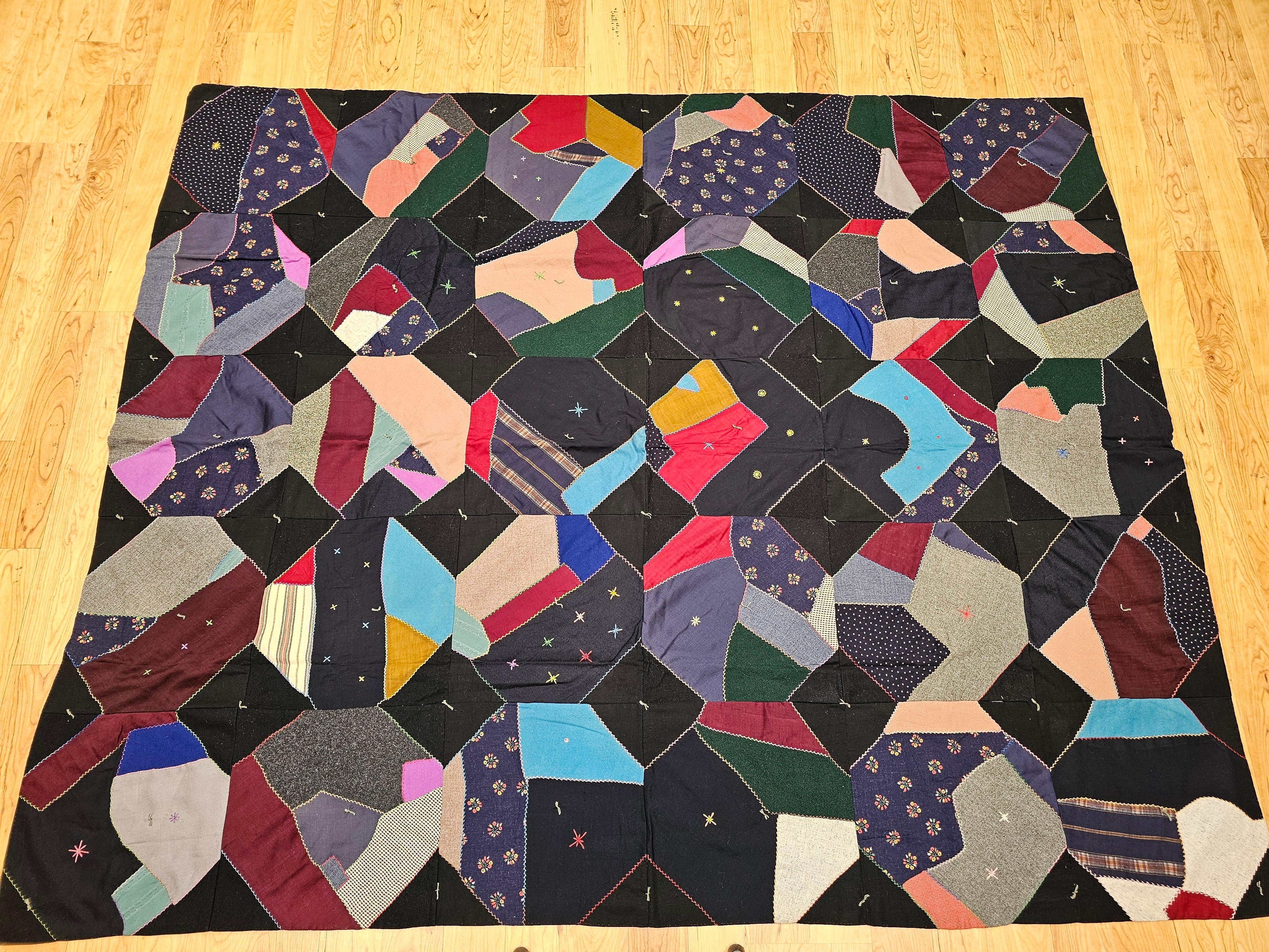 Early 20th Century American Crazy Quilt in Turquoise, Pink, Yellow, Navy, Green For Sale 1