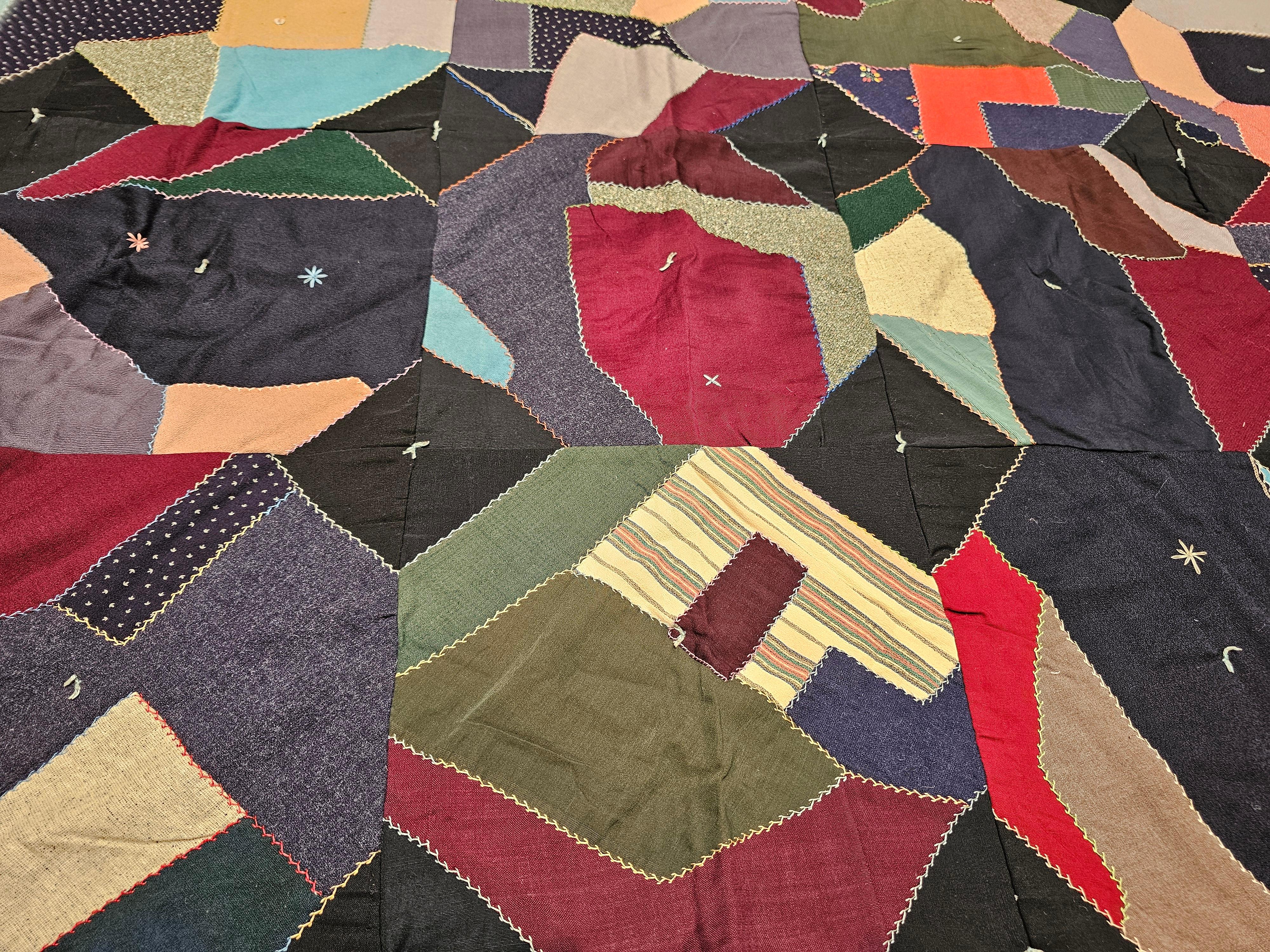 Early 20th Century American Crazy Quilt in Turquoise, Pink, Yellow, Navy, Green For Sale 2