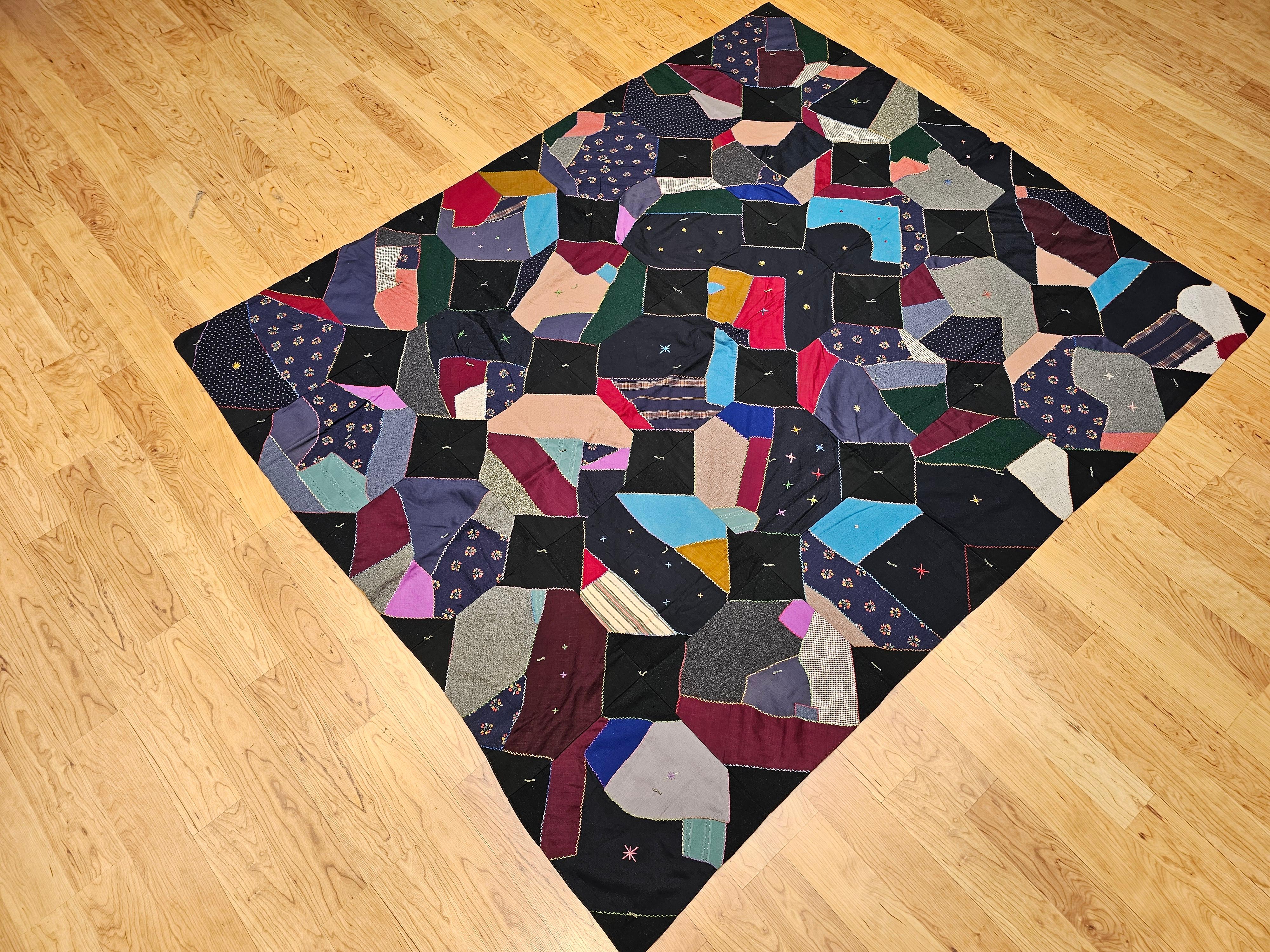 Early 20th Century American Crazy Quilt in Turquoise, Pink, Yellow, Navy, Green For Sale 2
