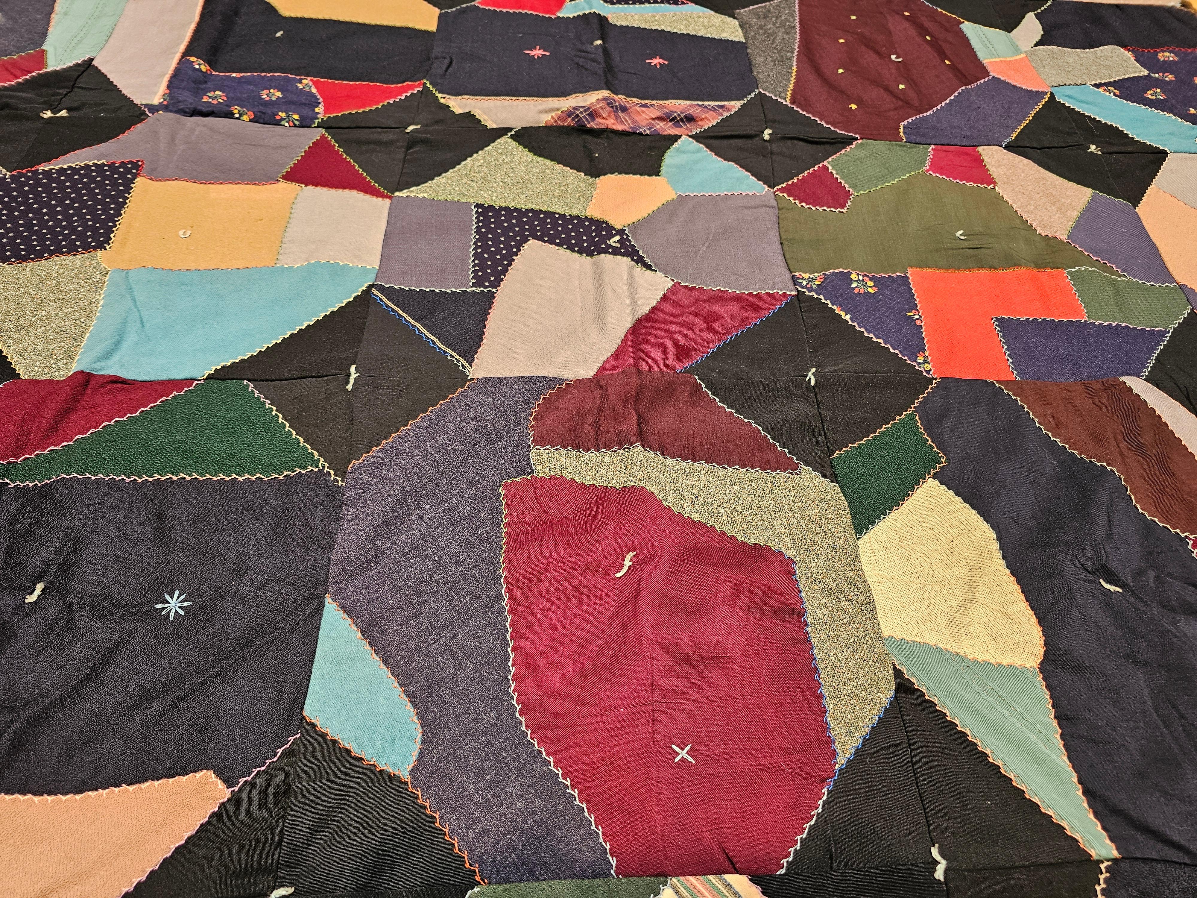 Early 20th Century American Crazy Quilt in Turquoise, Pink, Yellow, Navy, Green For Sale 3