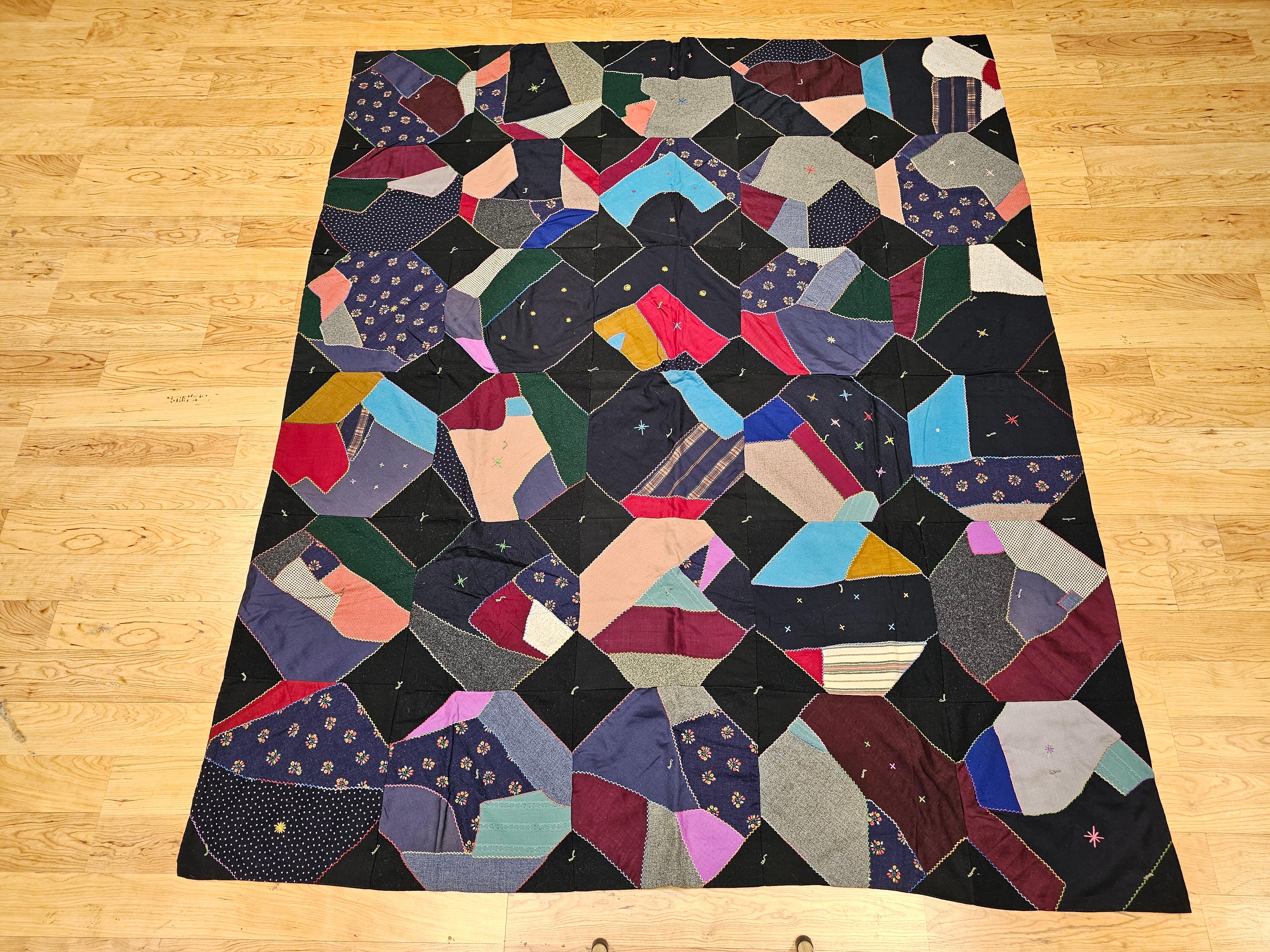 Early 20th Century American Crazy Quilt in Turquoise, Pink, Yellow, Navy, Green For Sale 3