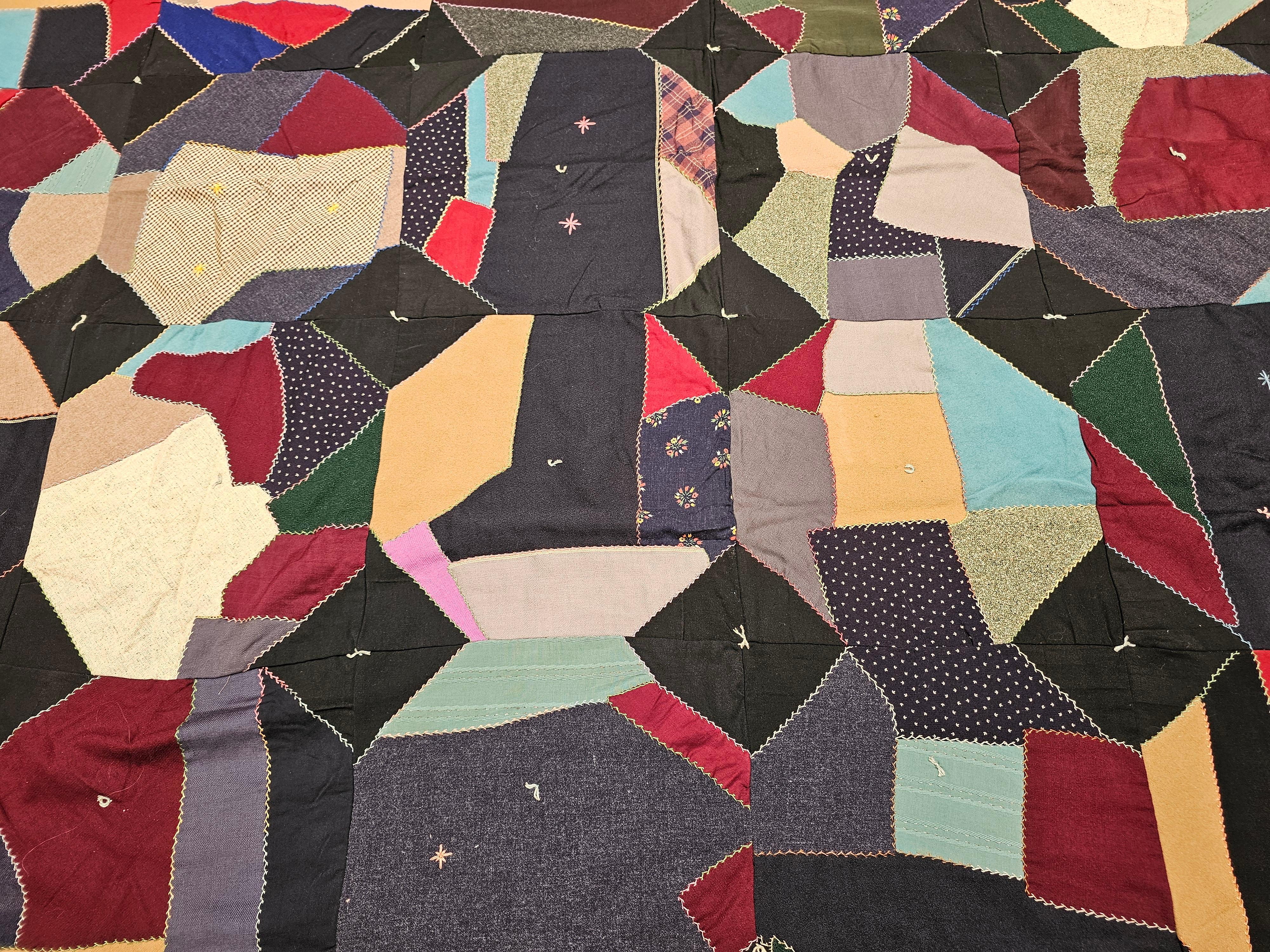 Early 20th Century American Crazy Quilt in Turquoise, Pink, Yellow, Navy, Green For Sale 4
