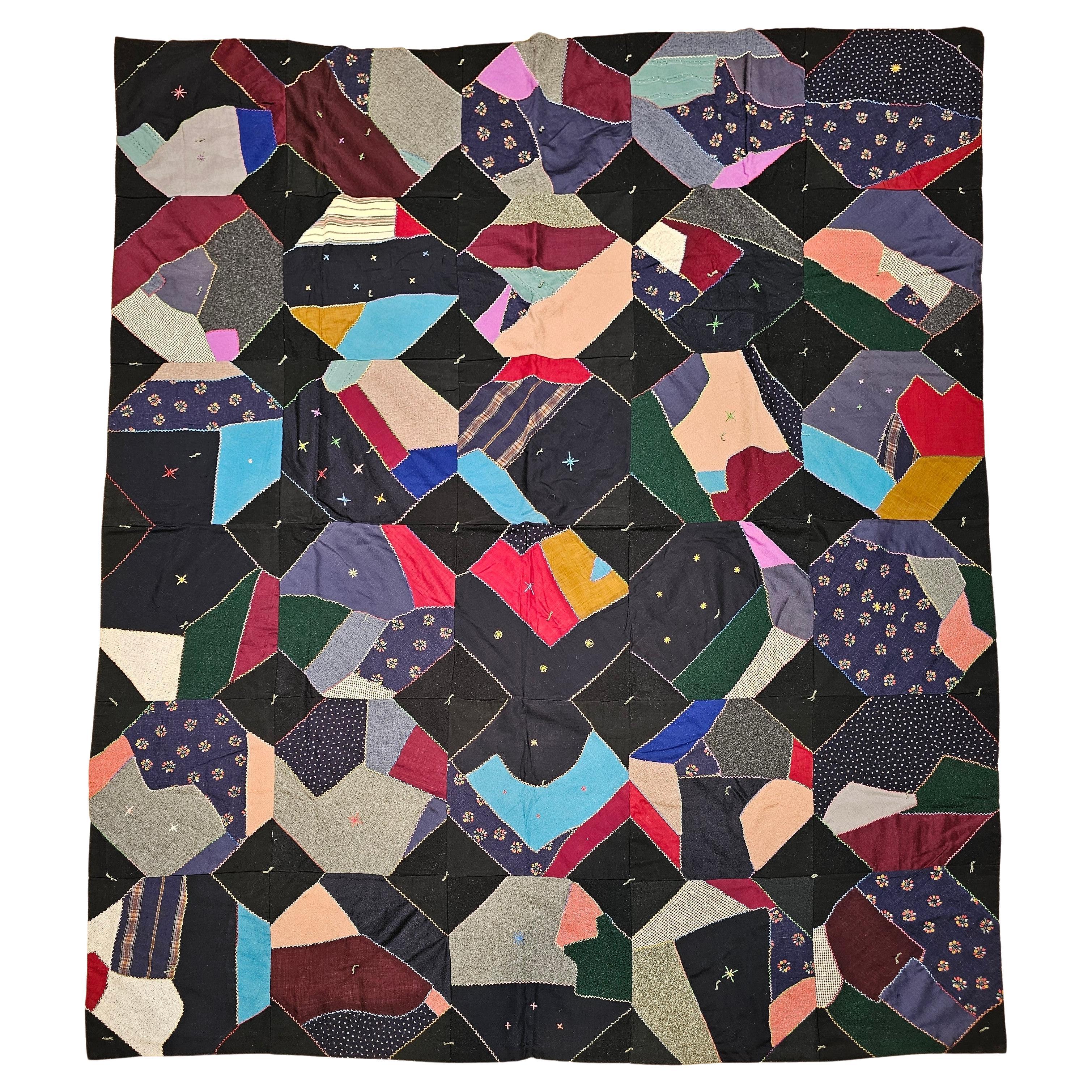 Amerikanischer Crazy Quilt des frühen 20. Jahrhunderts in Türkis, Rosa, Gelb, Marine, Grün