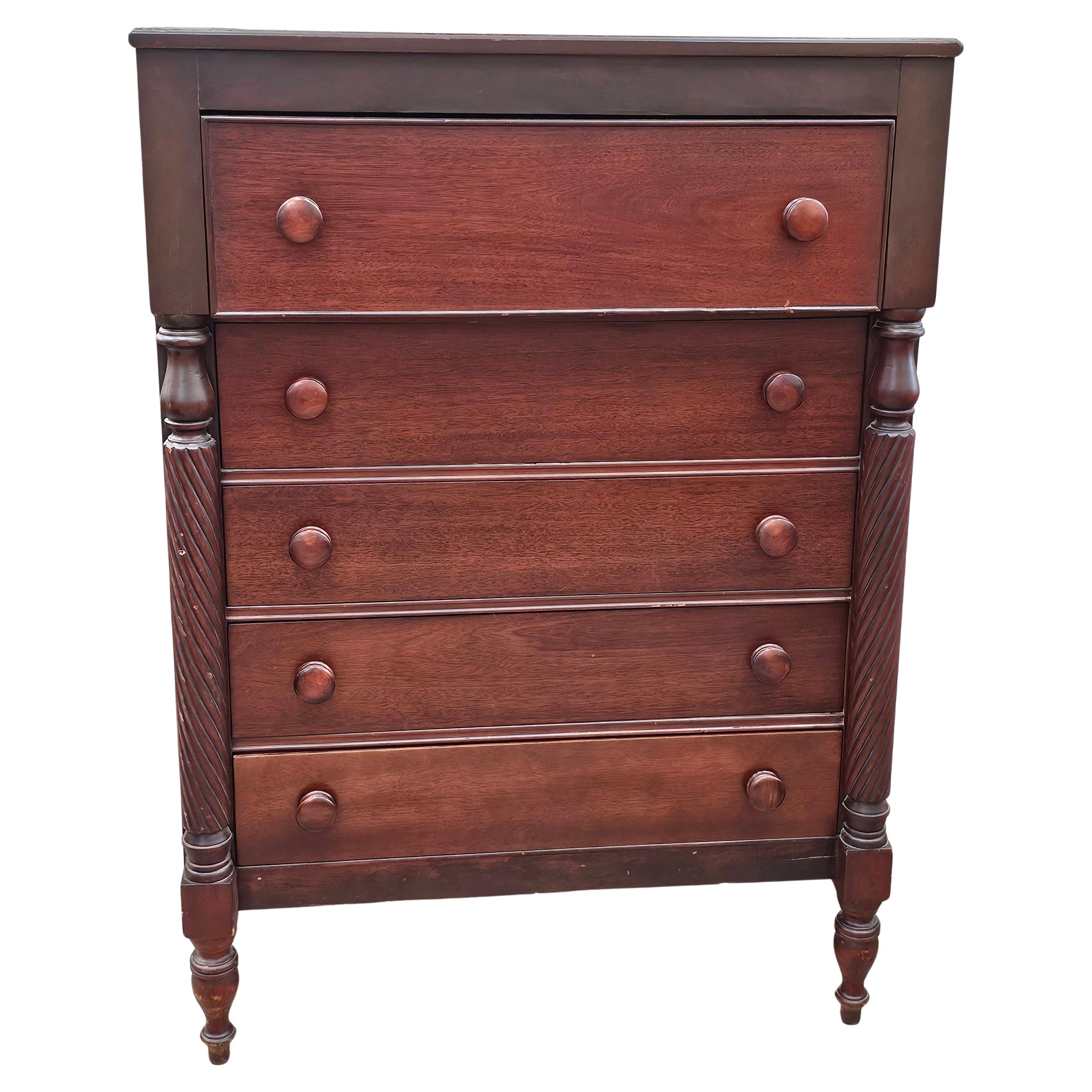 Freshly Refinished, Early 20th Century American Empire Mahogany and Walnut Chest of Drawers. Mahogany Frame and Walnut Drawers. Dovetail drawers opening and closing smoothly. 
Measure 36