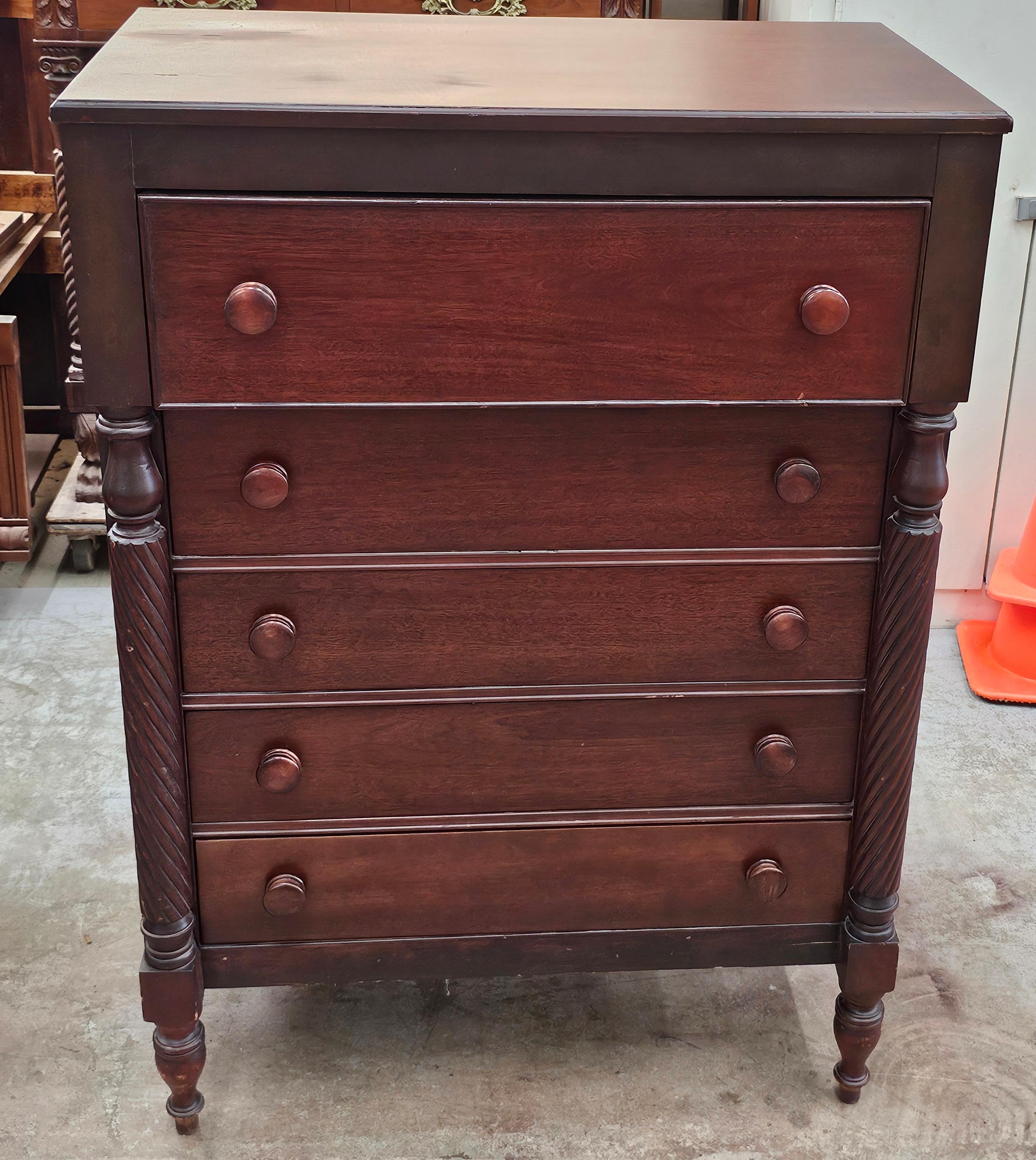 Stained Early 20th Century American Empire Mahogany and Walnut Chest of Drawers For Sale