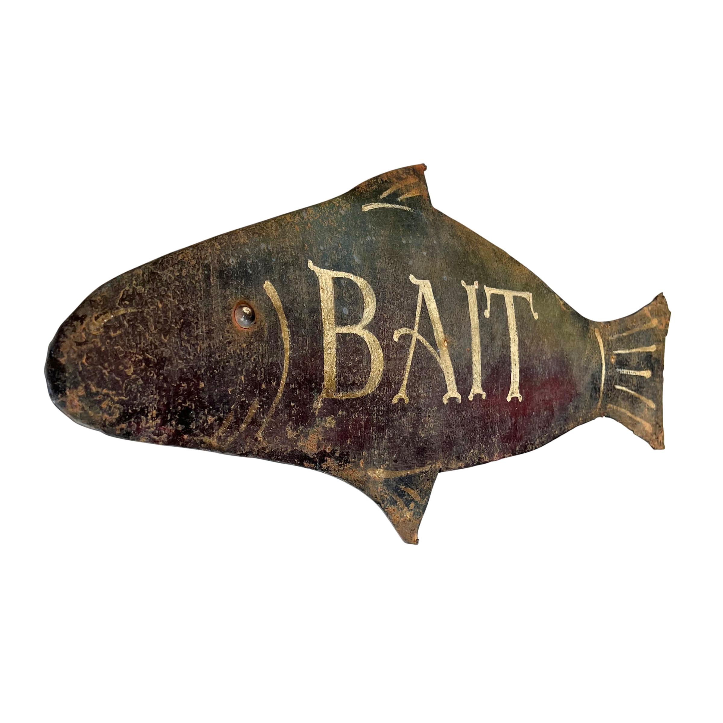 Hand-Painted Early 20th Century American Folk Art Rainbow Trout 'BAIT' Sign