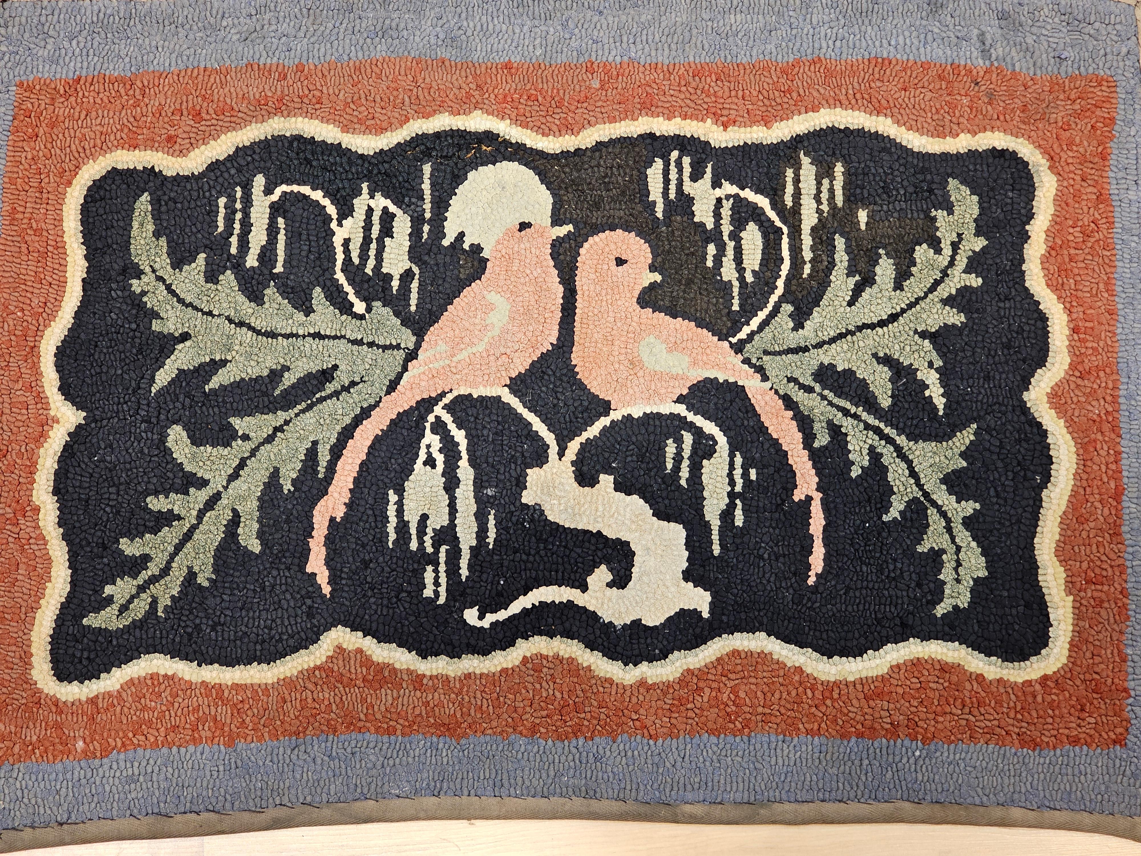 Hand-Crafted Vintage American Hand Hooked Rug of Two Love Birds in a Tree in Black, Brown For Sale