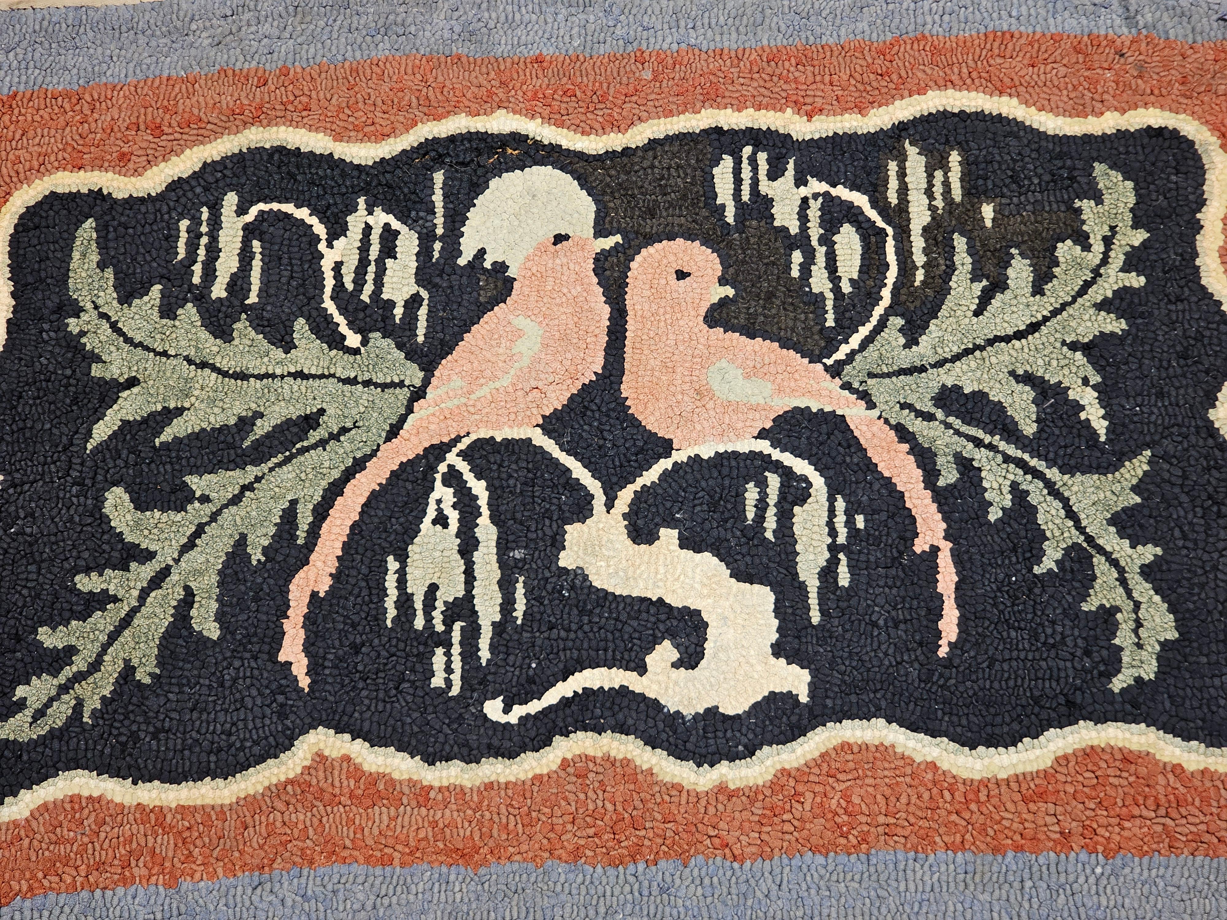 Vintage American Hand Hooked Rug of Two Love Birds in a Tree in Black, Brown In Good Condition For Sale In Barrington, IL