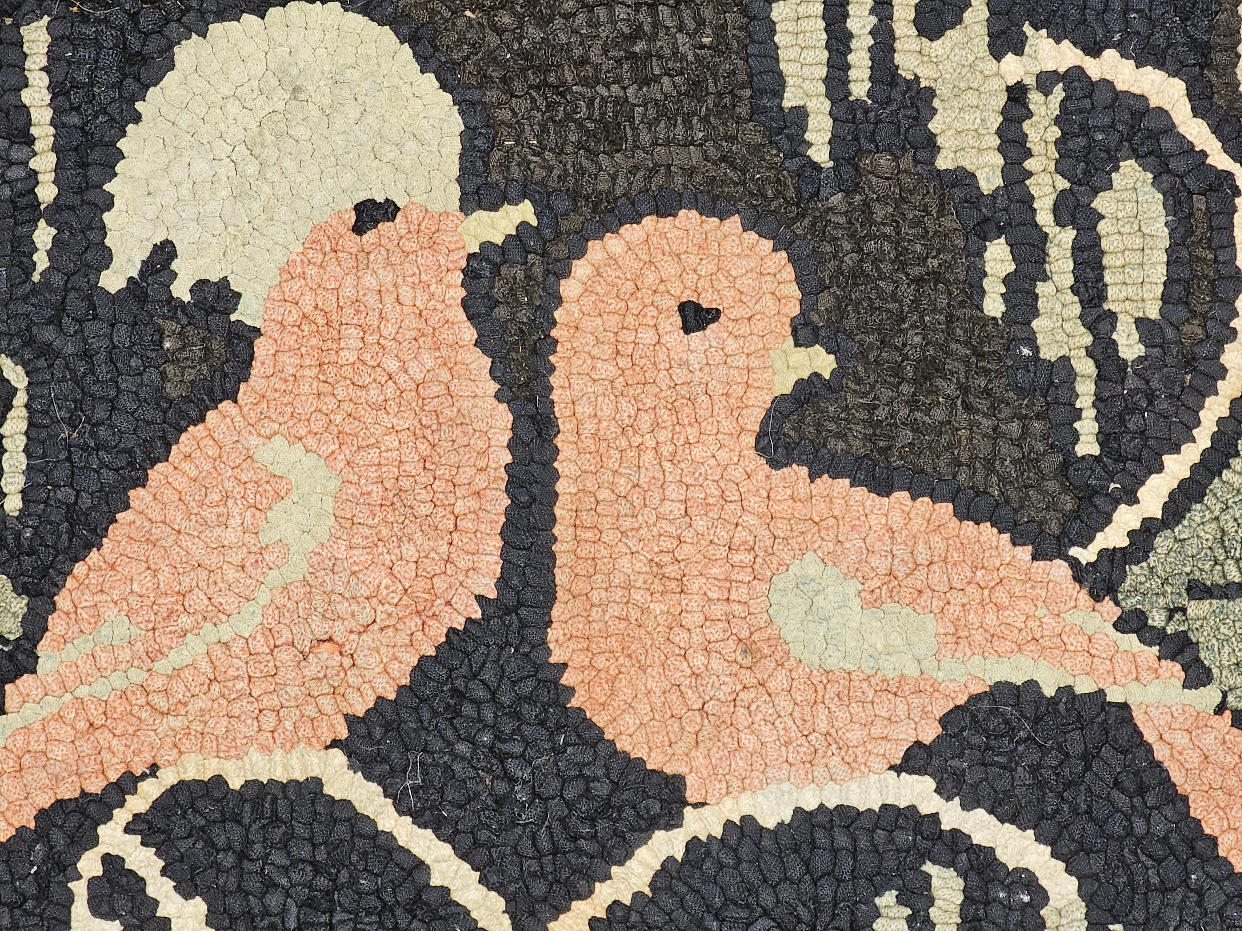 20th Century Vintage American Hand Hooked Rug of Two Love Birds in a Tree in Black, Brown For Sale