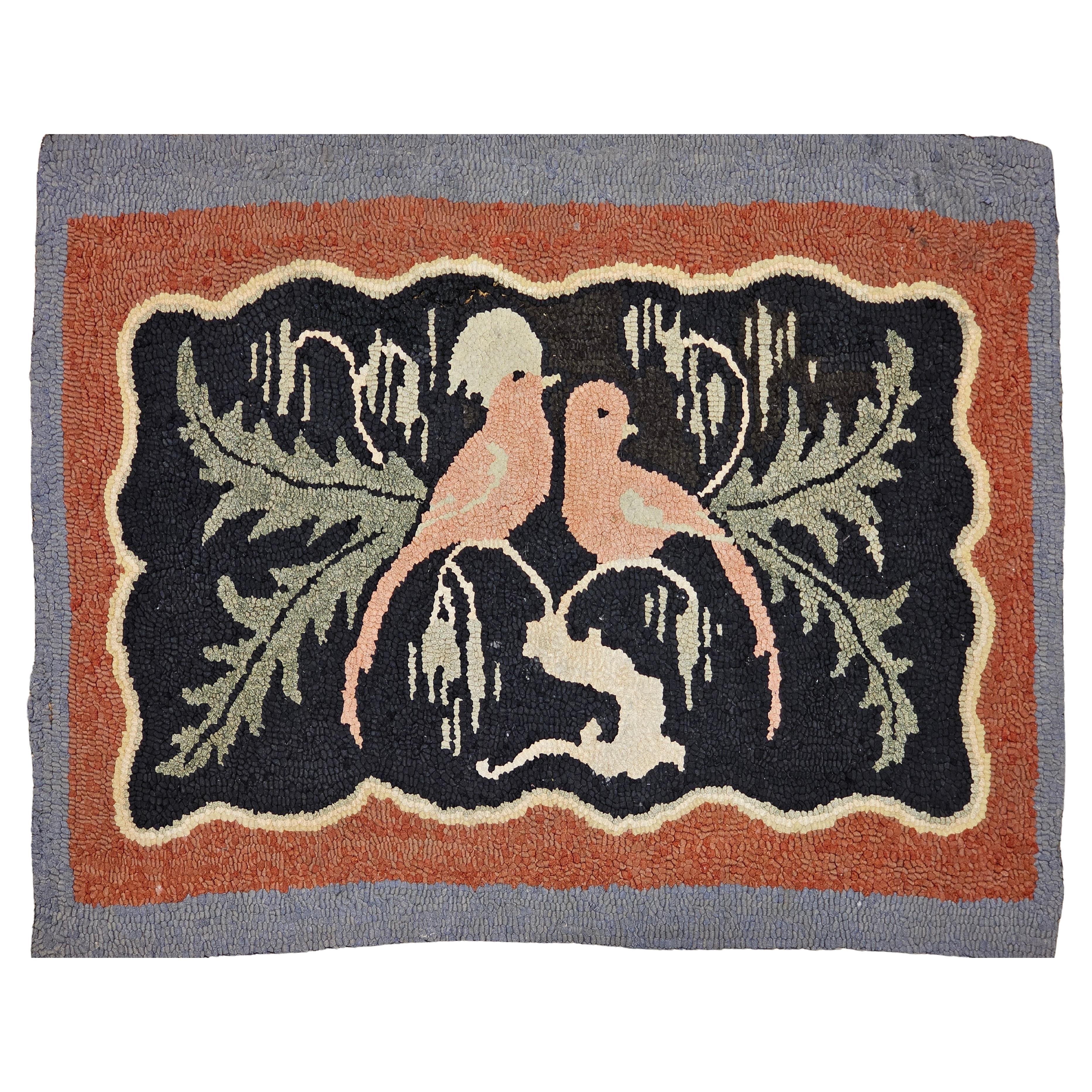 Vintage American Hand Hooked Rug of Two Love Birds in a Tree in Black, Brown For Sale