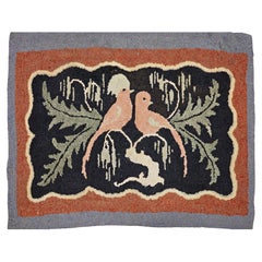 Used American Hand Hooked Rug of Two Love Birds in a Tree in Black, Brown