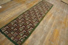 Antique Geometric American Folk Art Log Cabin Pattern Hooked Hall Runner Rug