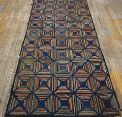 1900s Antique Grid Log Cabin Folk Art Pattern Colorful American Hooked Rug