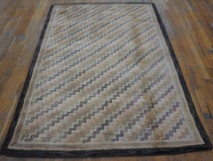 1920s Ivory Zig Zag Folk Art American Hooked Rug 4'5"x6'4" Knotted Wool Carpet