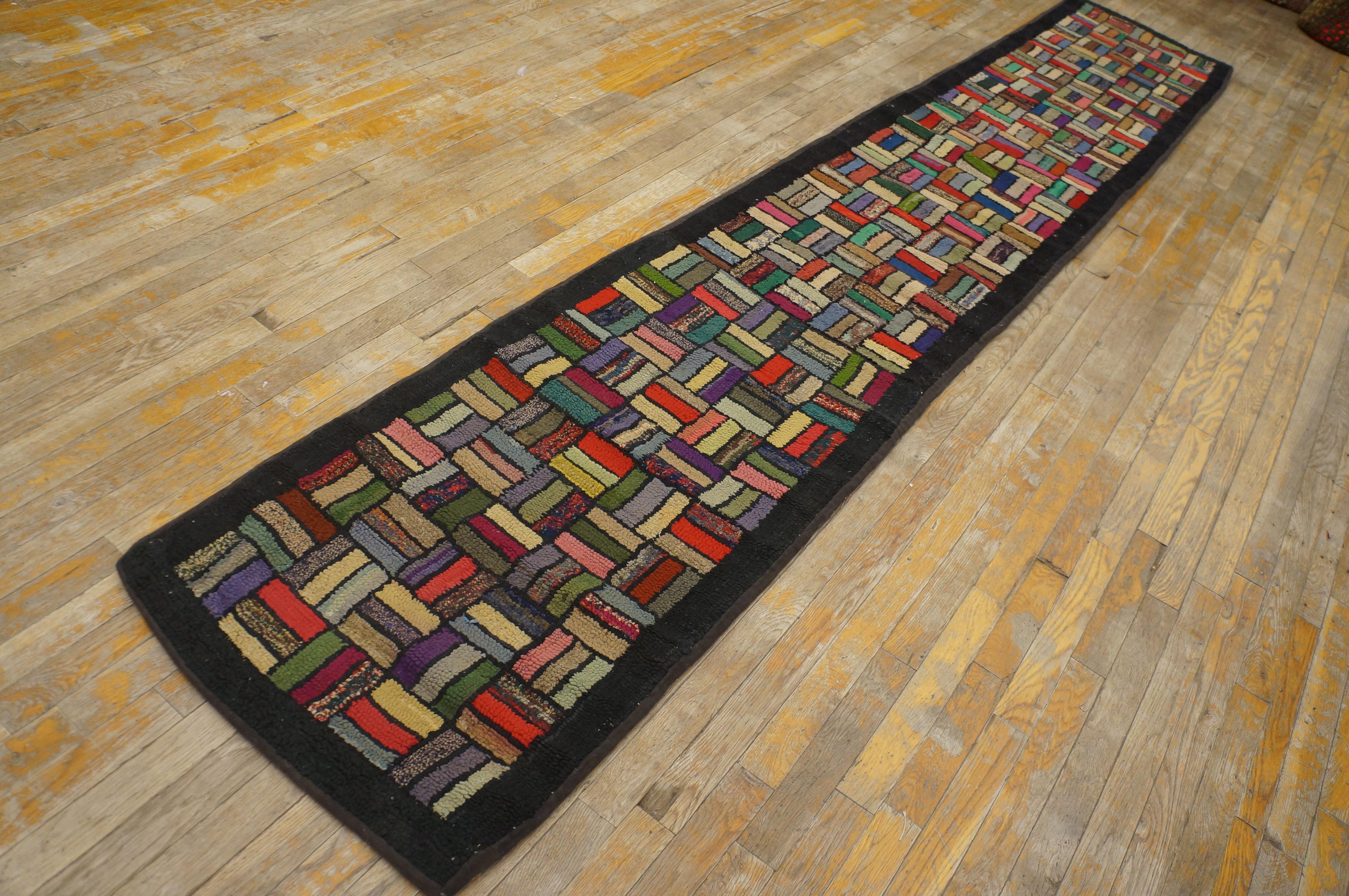 Tapis crocheté américain du début du 20e siècle avec motif de tissage de panier (2'2
