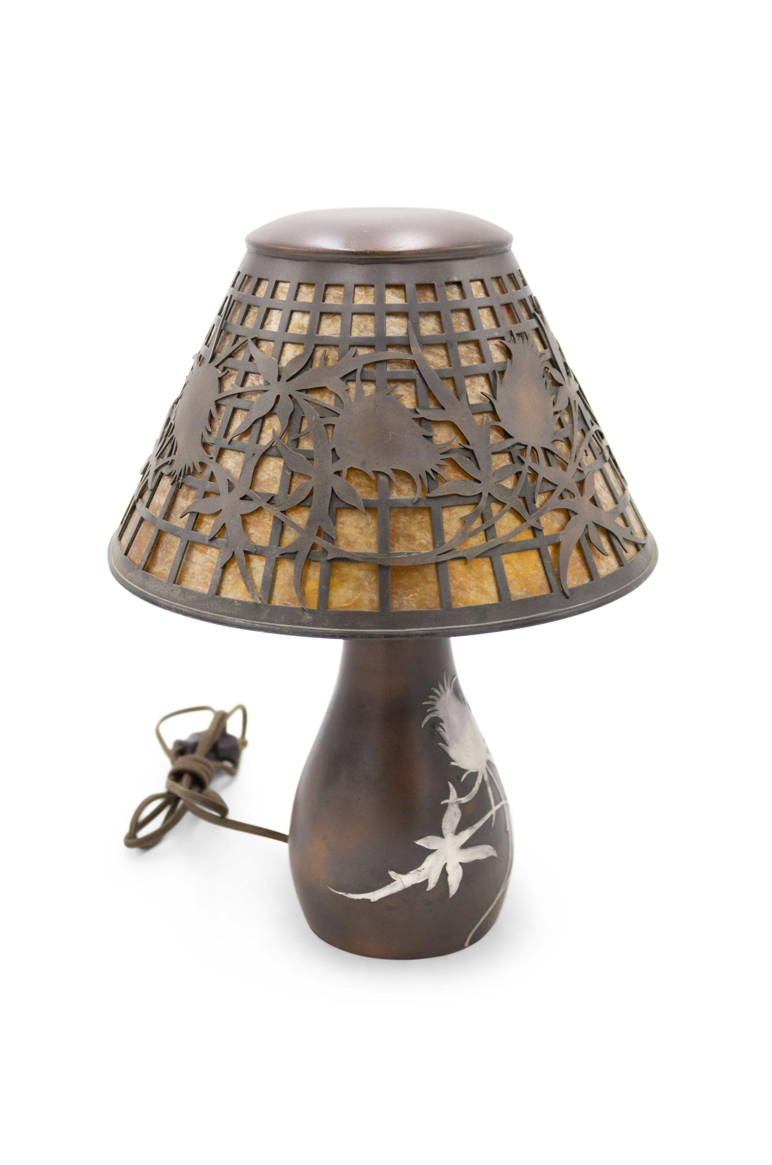 American Mission bronze brown patina table lamp with silver deposit thistle design on base and shade with mica insert (HEINTZ ART METAL).
