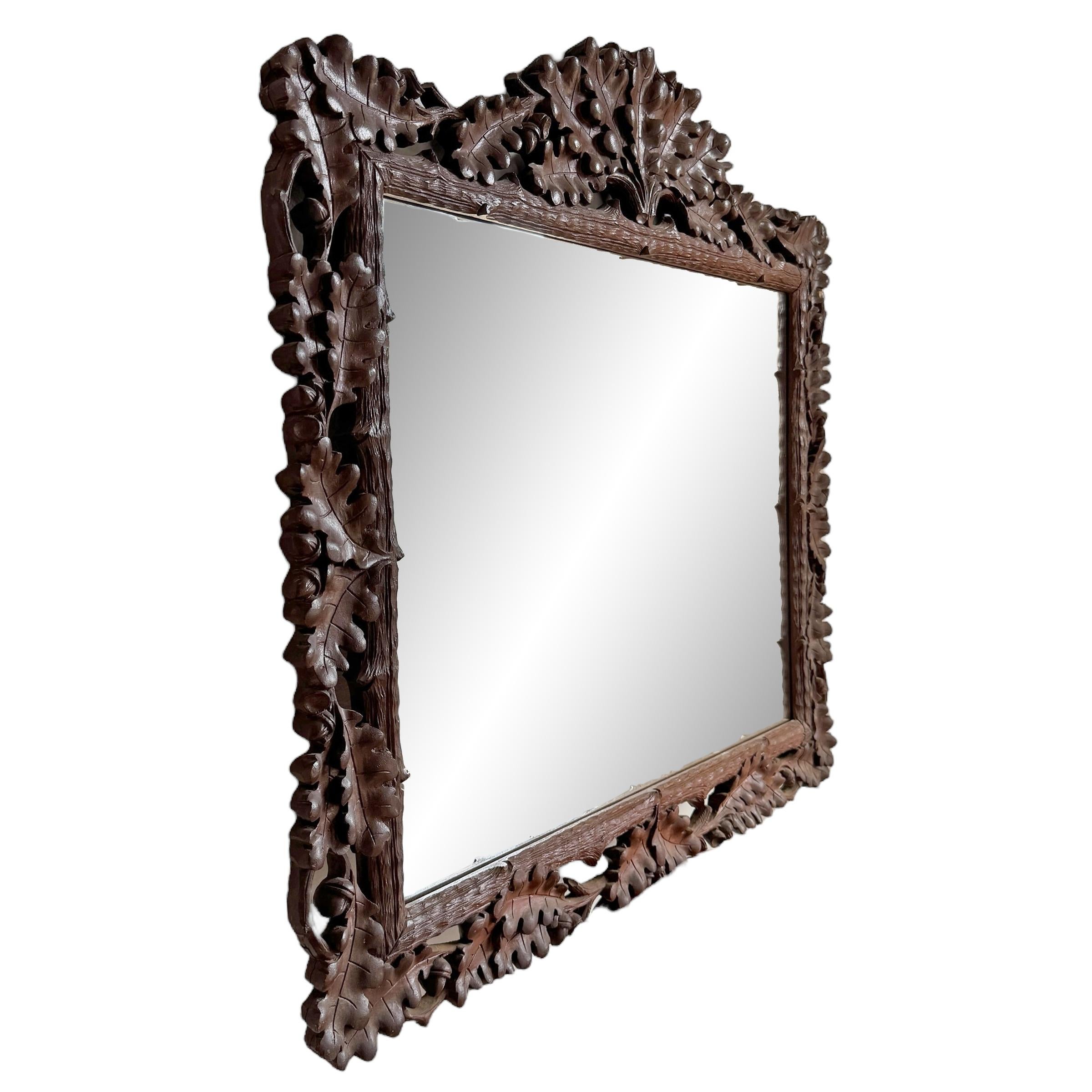 Swiss Early 20th Century Black Forest Oak Leaf Framed Mirror