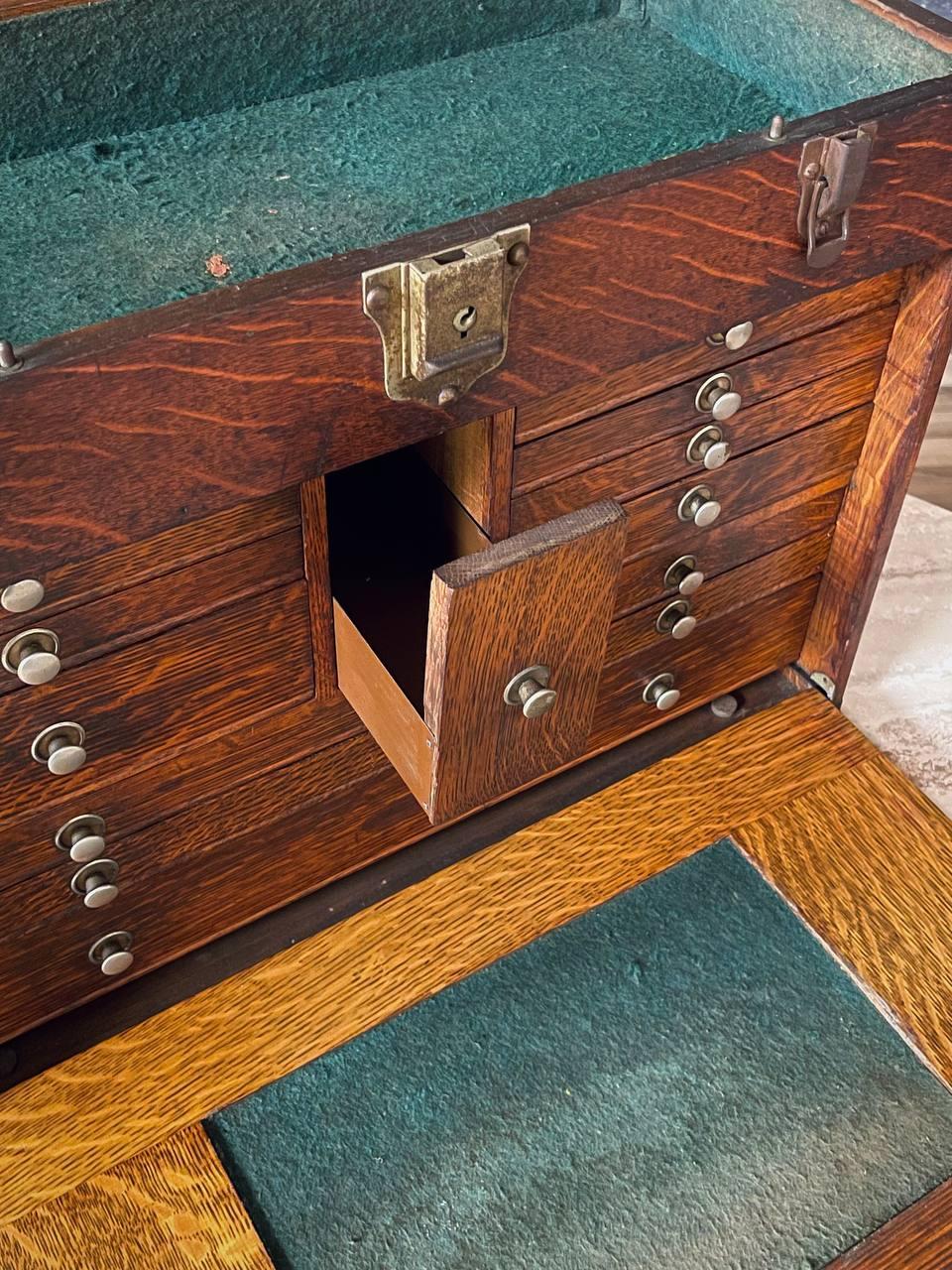 Brass Early 20th Century American Oak Machinist’s Tool Box by H. Gerstner & Sons For Sale