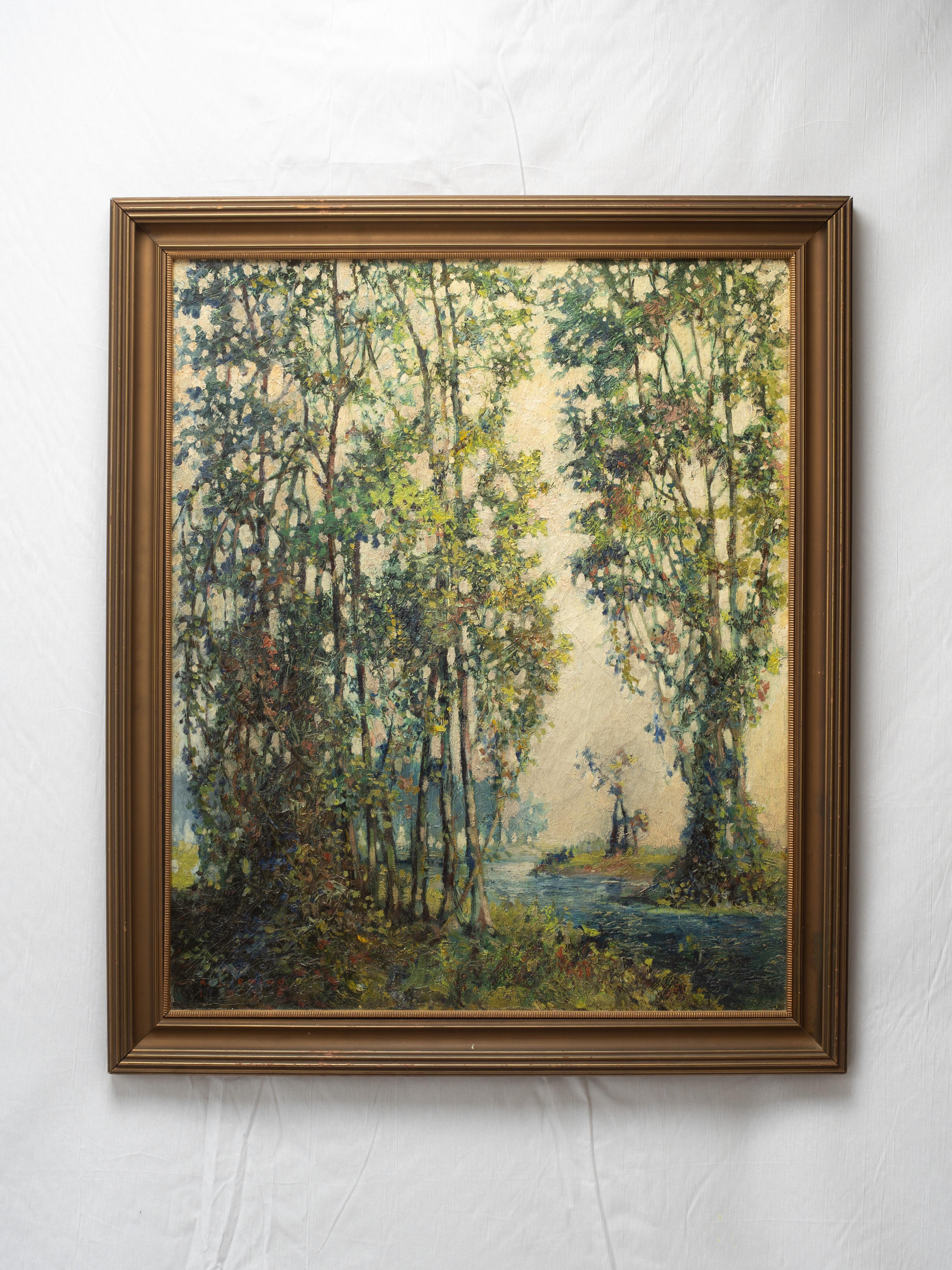 Bright and beautifully painted spring scene, depicting river flowing through trees with a farm in the background. A windmill can be seen in the background. By early American artist Athol Linton Ewing (1880-1936), known for exceptional pastural