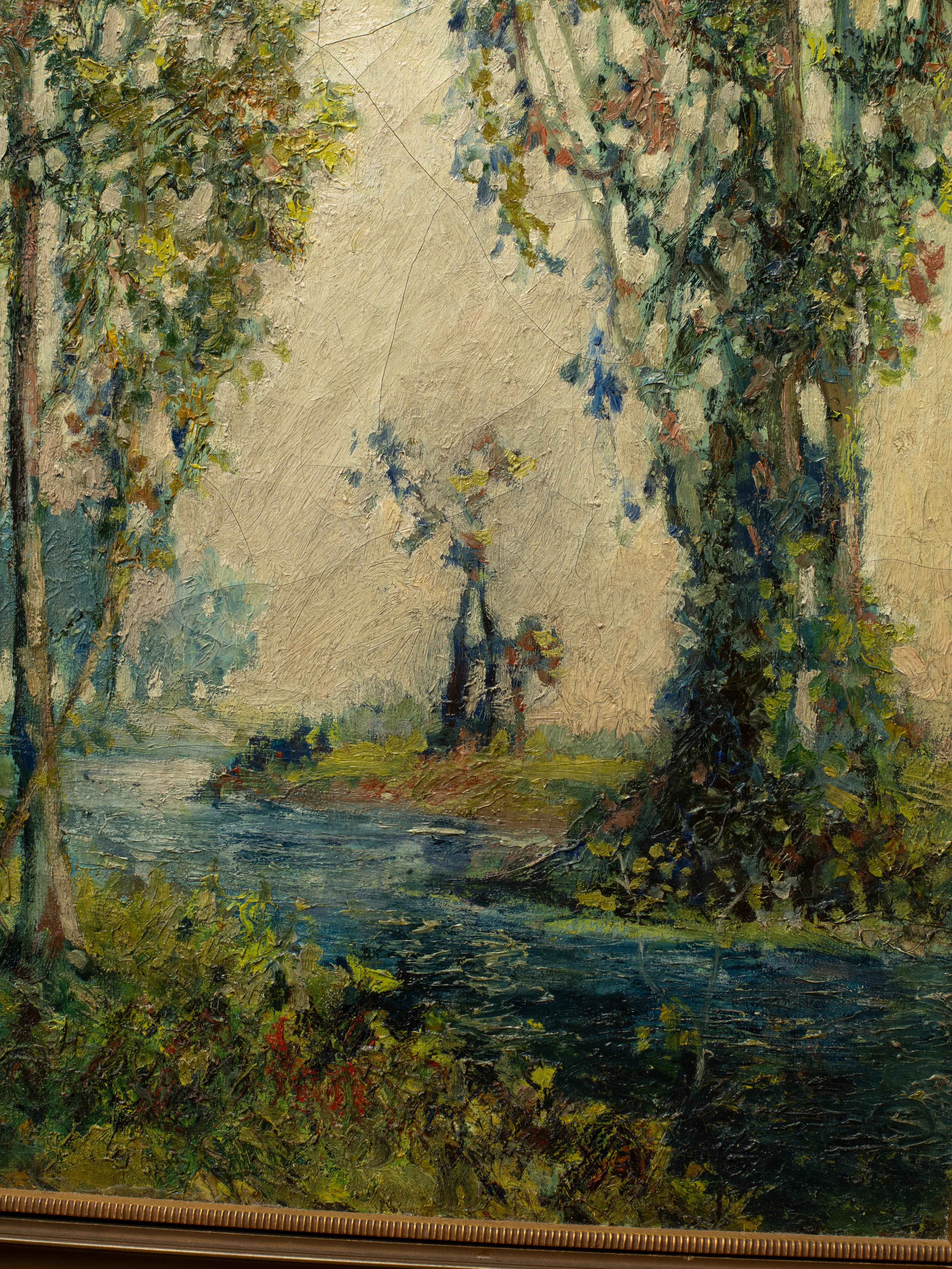 Artisanat Early 20th Century American Oil Painting of River Landscape by Athol Ewing en vente