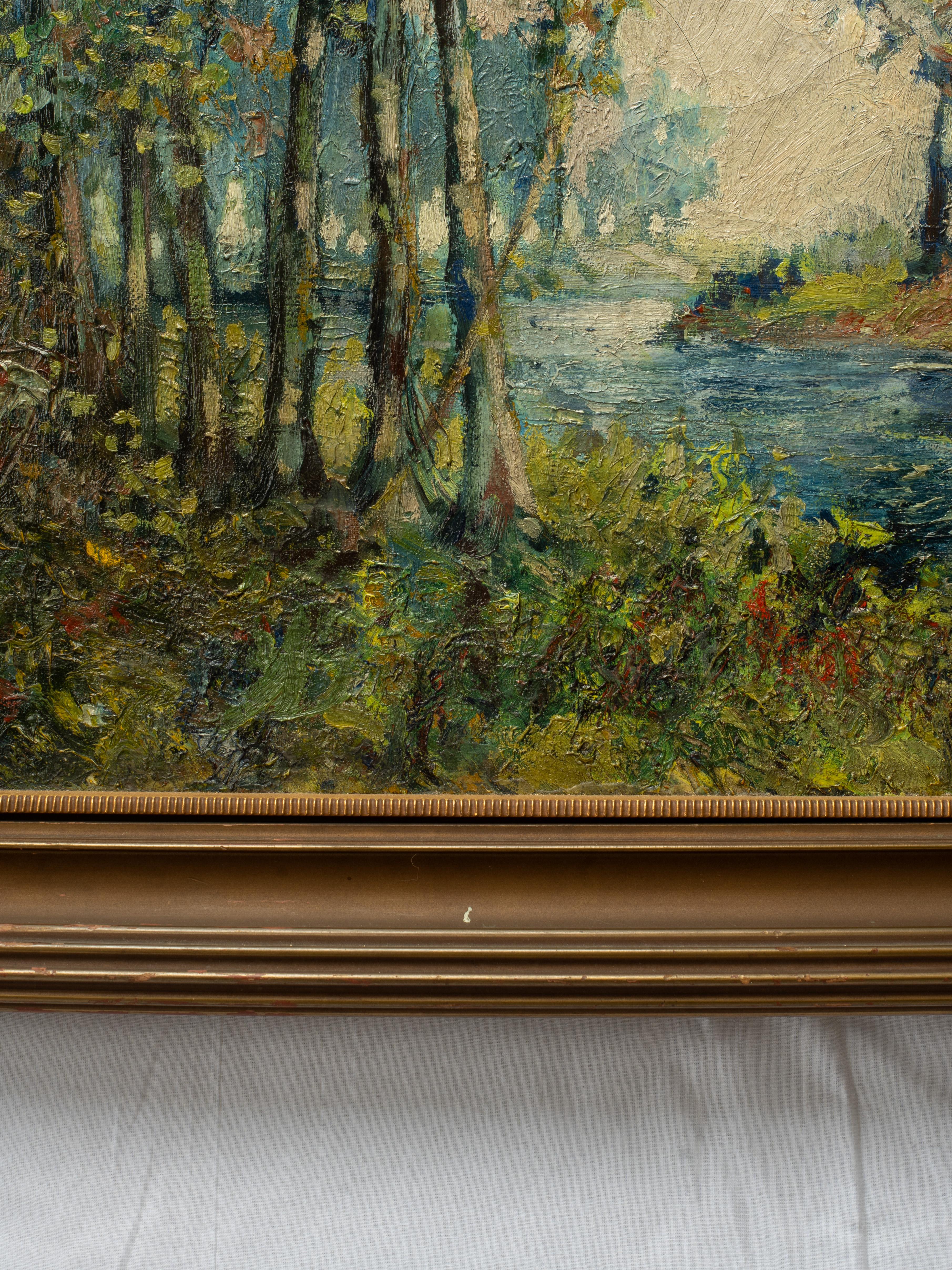 20ième siècle Early 20th Century American Oil Painting of River Landscape by Athol Ewing en vente