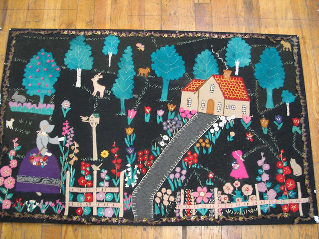 Tessuto a mano Applique pittoriche americane del primo Novecento 	2' x	3' 2