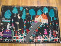 Inspired Handmade Black Background Color Antique American Pictorial Applique Rug