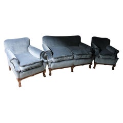 Early 20th Century American Walnut and Velvet Upholstered Three-Piece Suite