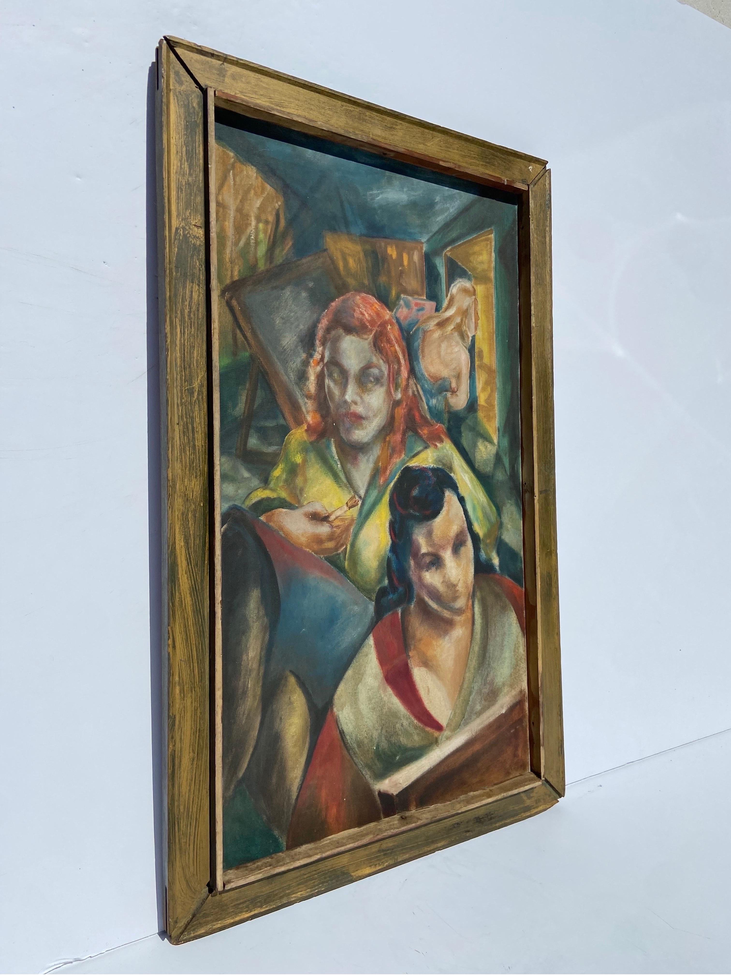 An antique, early 20th century, WPA style painting of women and women artists in an art studio. The strong perspective of the painting, cubist style composition and jewel tone colors all combine to create a powerful image. The frame appears to be a