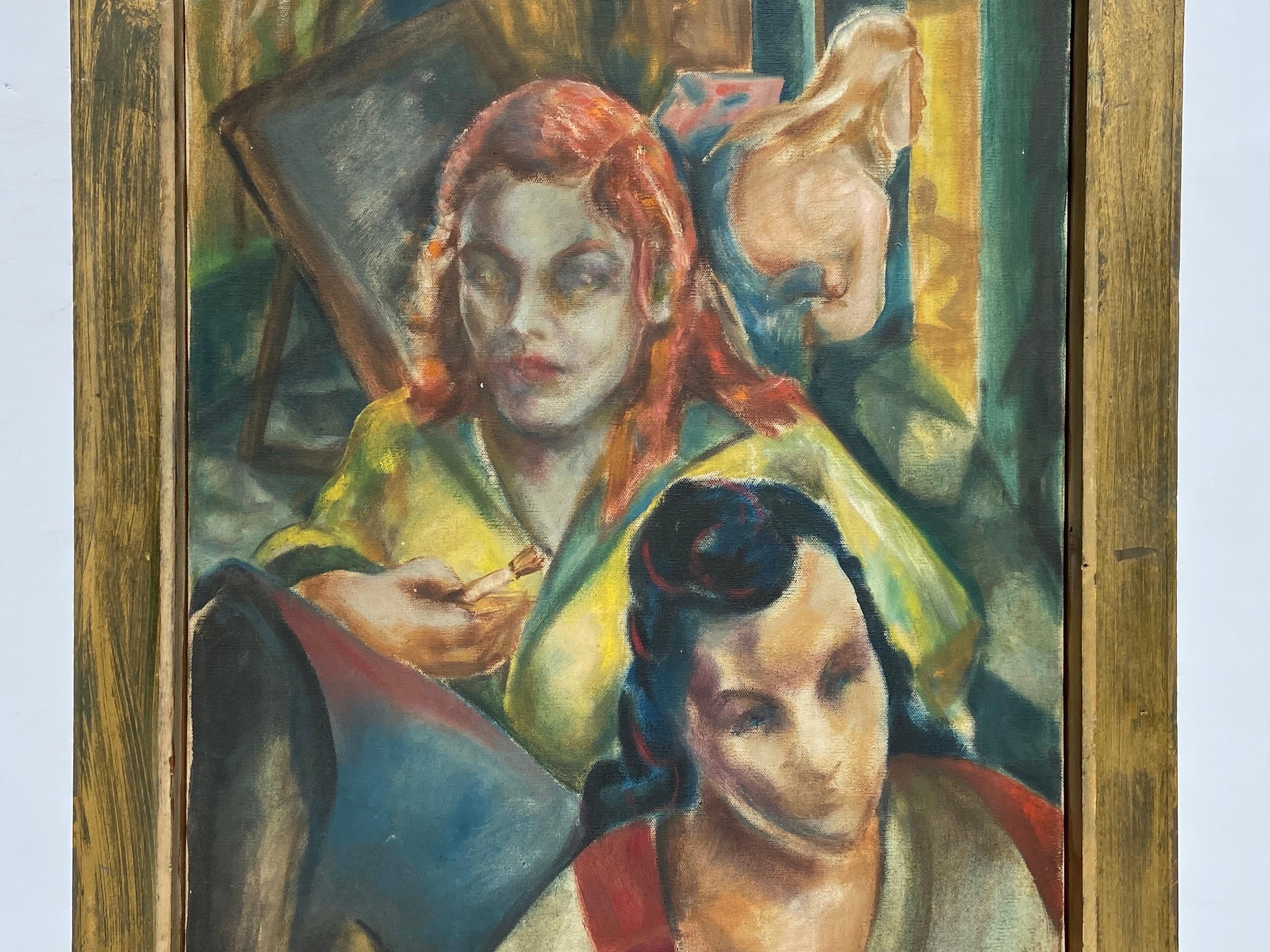 Hand-Painted Early 20th Century American WPA Style Oil Painting of Women in Art Studio Framed