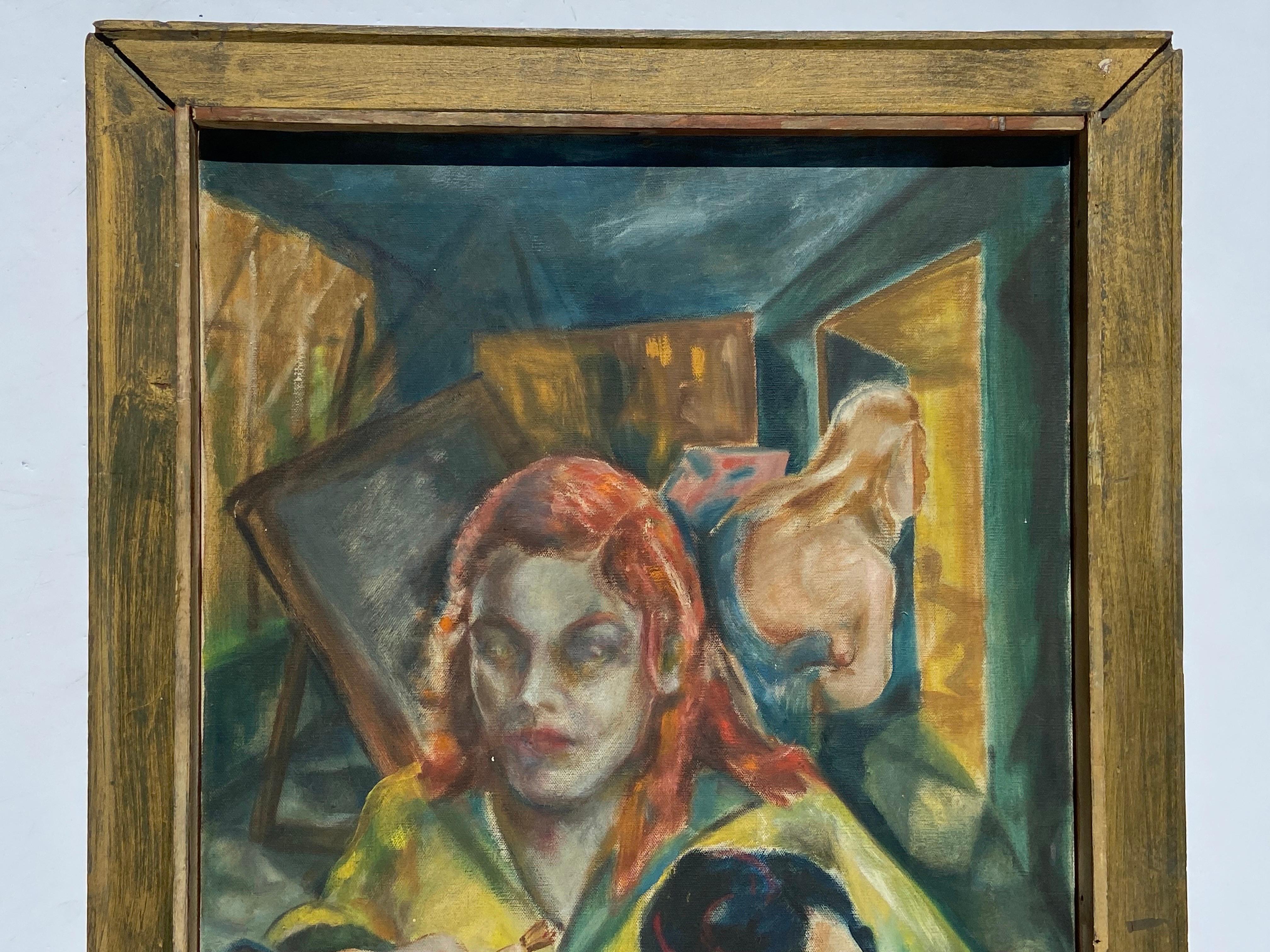 Early 20th Century American WPA Style Oil Painting of Women in Art Studio Framed In Good Condition In Atlanta, GA