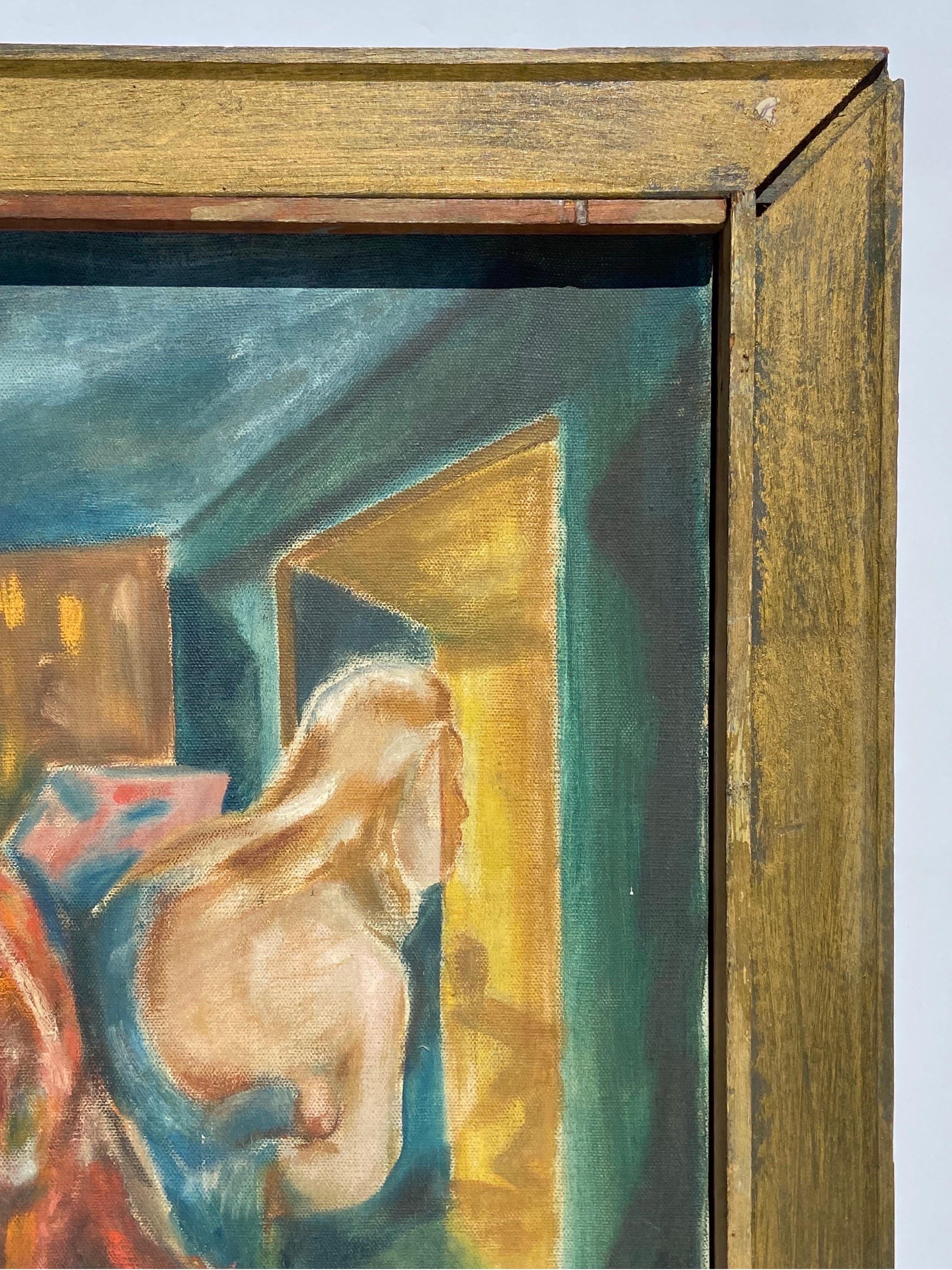 Early 20th Century American WPA Style Oil Painting of Women in Art Studio Framed 1