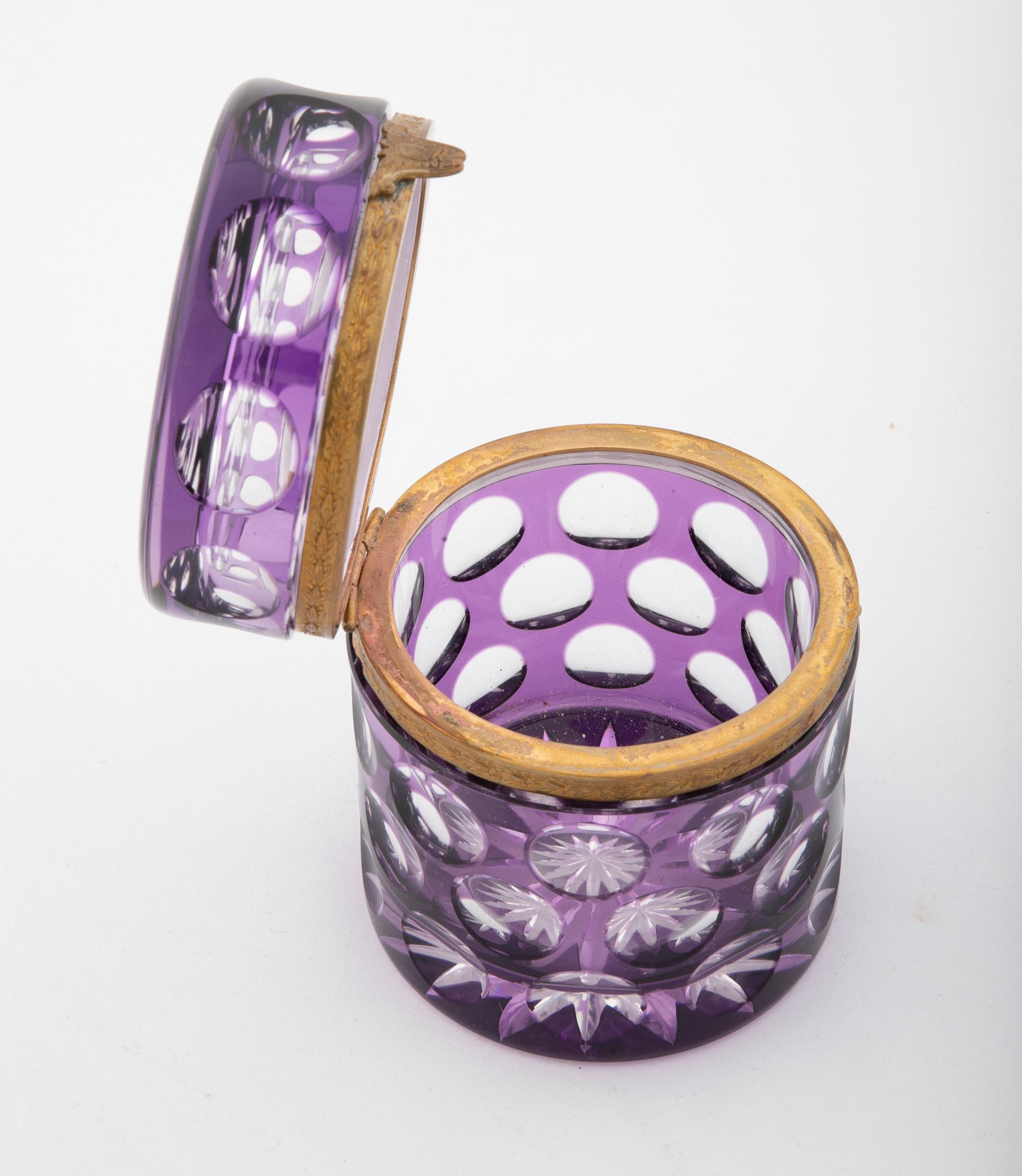 Early 20th Century Amethyst Cut to Clear Glass Cylindrical Box 1