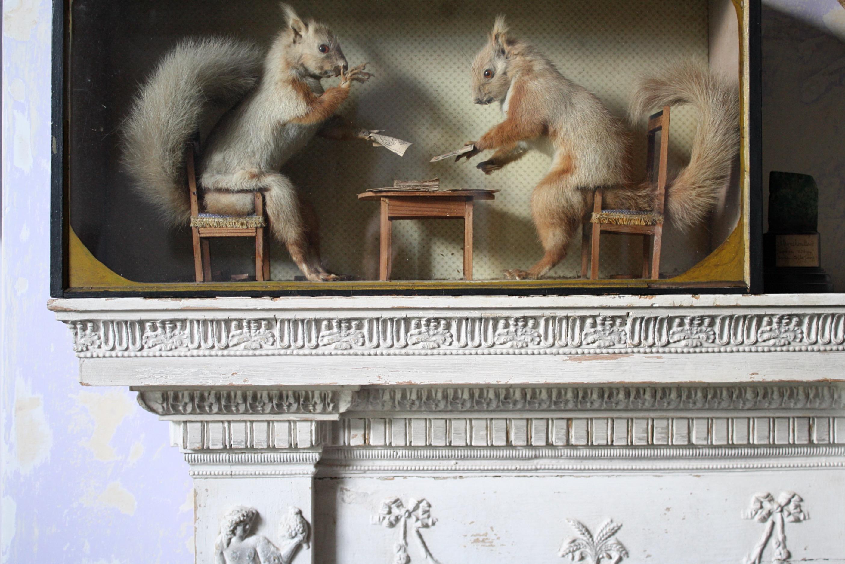 Early 20th Century Anamorphic Gambling Card Playing Squirrels Taxidermy Curio  In Good Condition In Lowestoft, GB