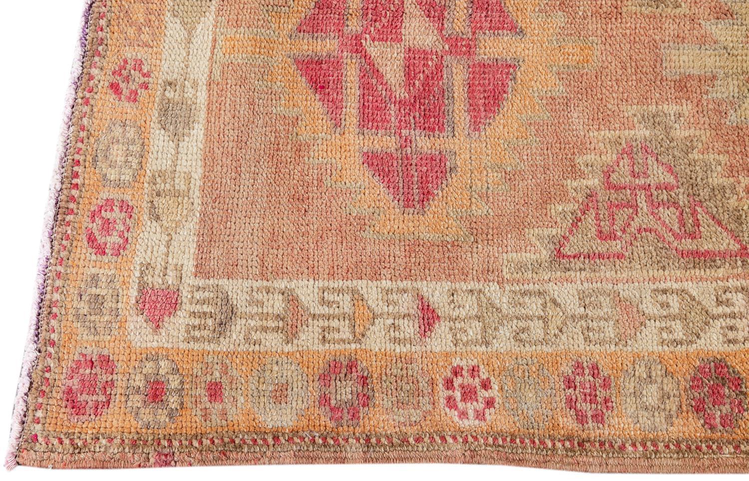 Mid-Century Modern Anatolian Village Handmade Tribal Motif Peach Runner Rug For Sale