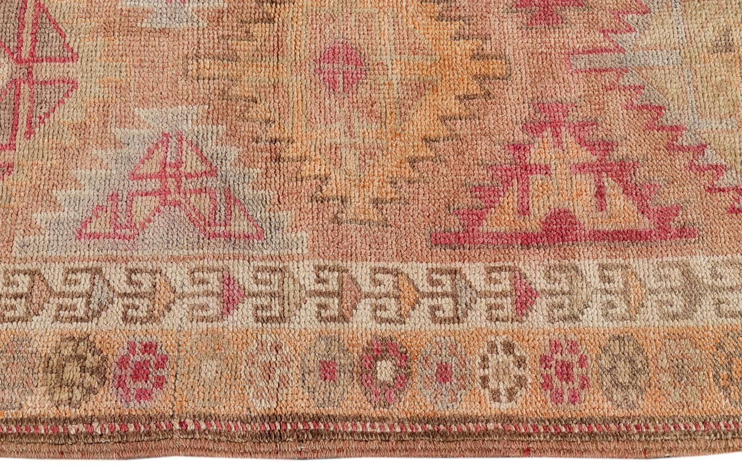 Turkish Anatolian Village Handmade Tribal Motif Peach Runner Rug For Sale