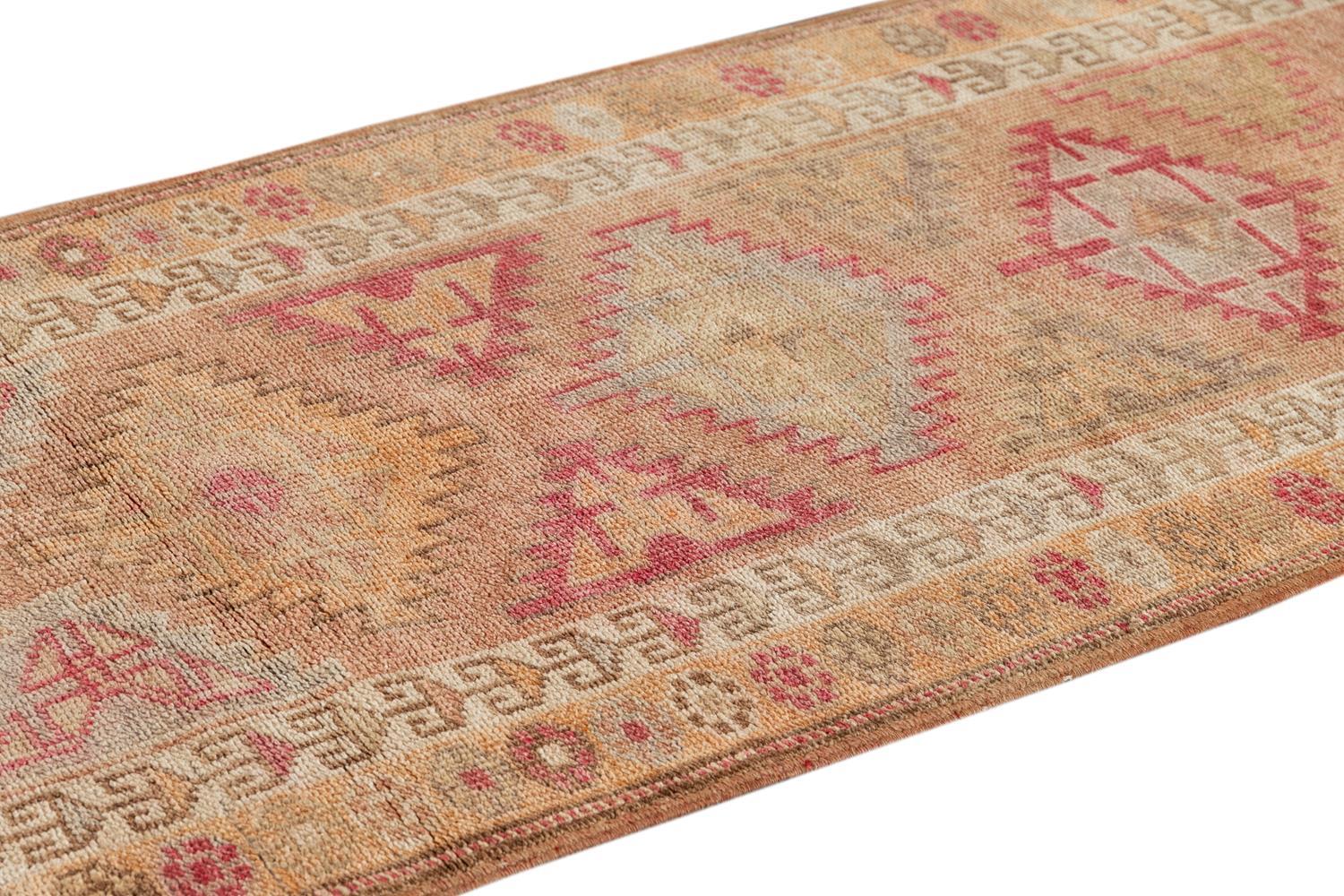 20th Century Anatolian Village Handmade Tribal Motif Peach Runner Rug For Sale