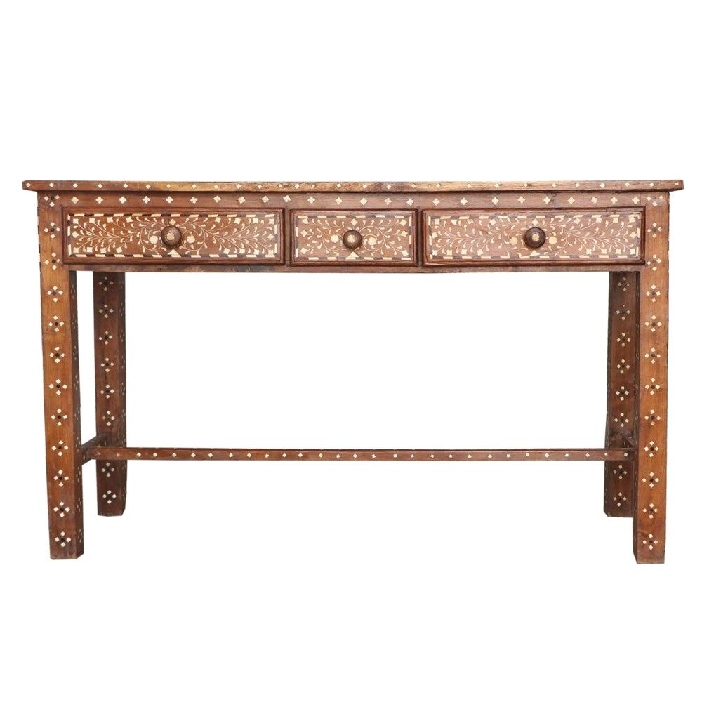 Early 20th Century Anglo Indian Bone Inlay Three Drawer Teakwood Side Table For Sale
