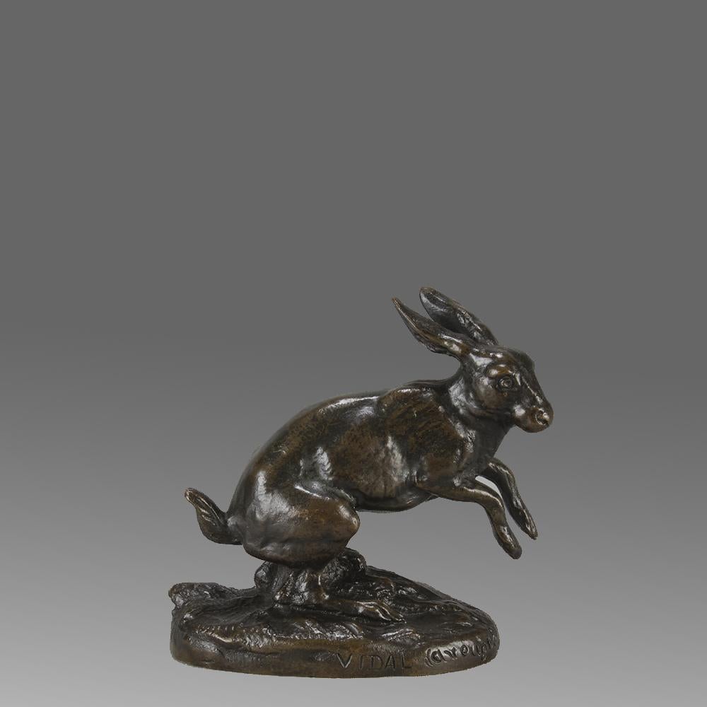 A sweet French bronze study of a jumping hare in mid leap with excellent hand chased surface detail and very fine rich brown patina, signed Vidal Aveugle

ADDITIONAL INFORMATION
Height:                               8.5 cm
Width:                    