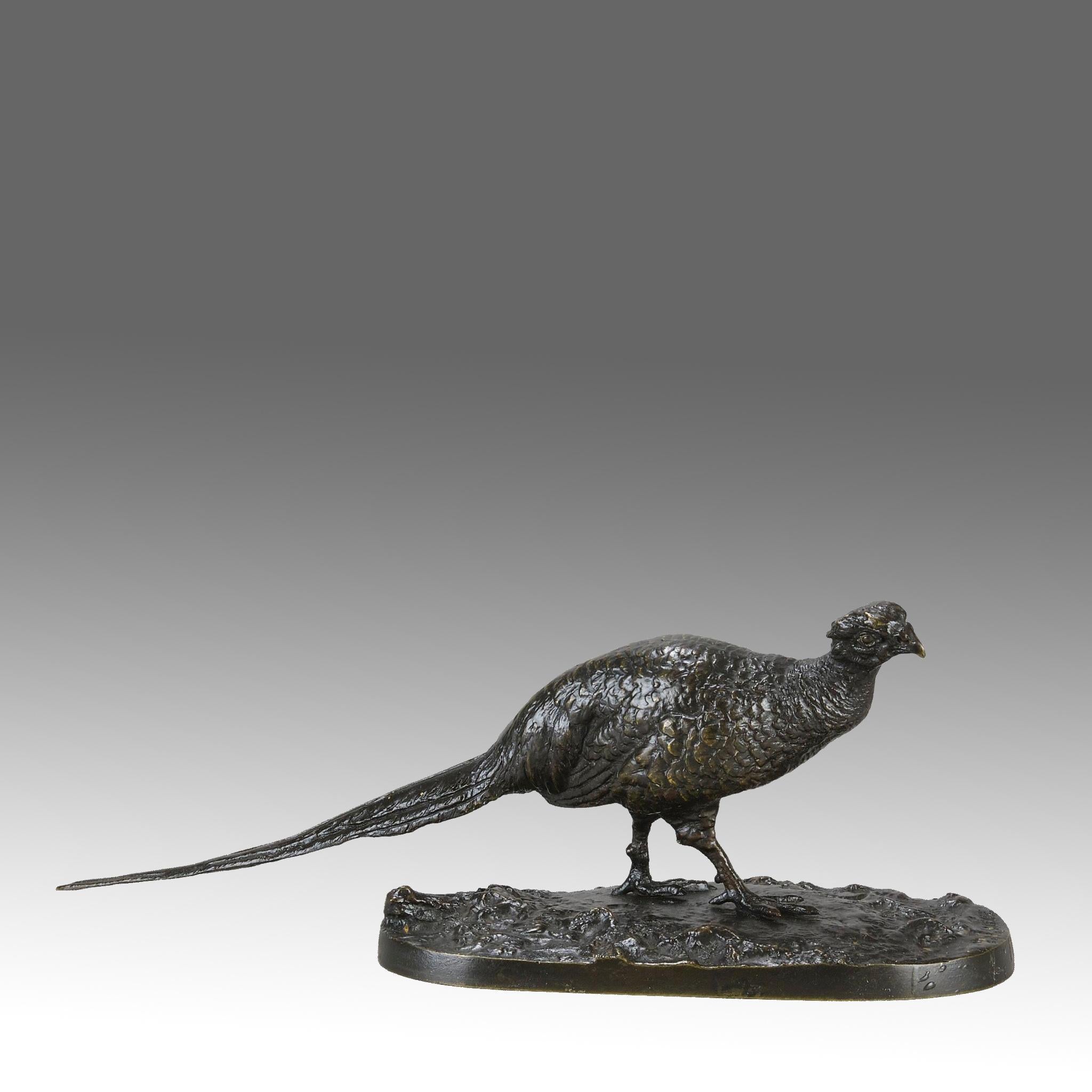Excellent animalier bronze study of a standing pheasant, its head slightly turned to the right, with very fine rich brown patination and intricate hand chased surface detail, raised on integral rectangular semi-naturalistic base, signed P J