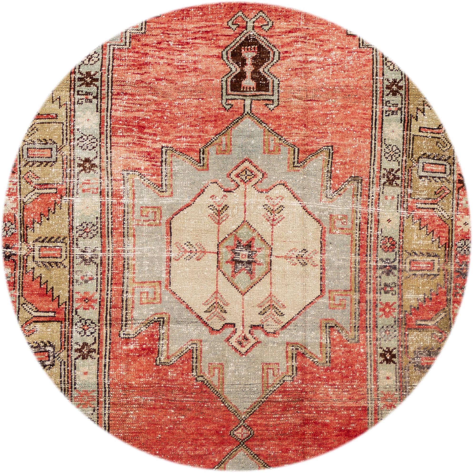 Beautiful antique Turkish Anatolian runner rug, hand knotted wool with an orange field, tan frame, light gray accents in allover multi medallion design.,
circa 1930s
This rug measures 4' 6