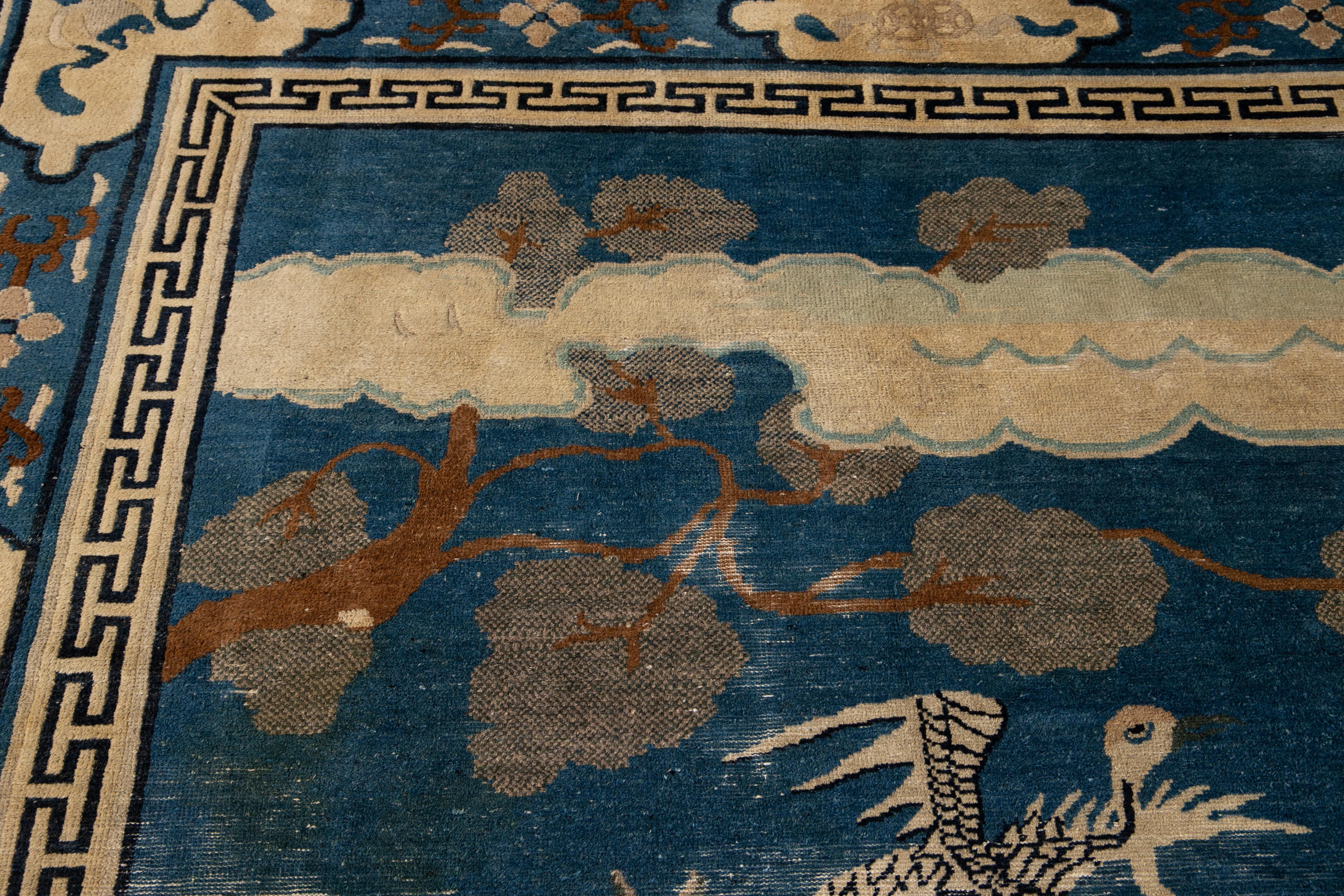 Antique Blue Chinese Peking Bird Design Wool Rug 7 Ft 8 In X 9 Ft 5 In. For Sale 6