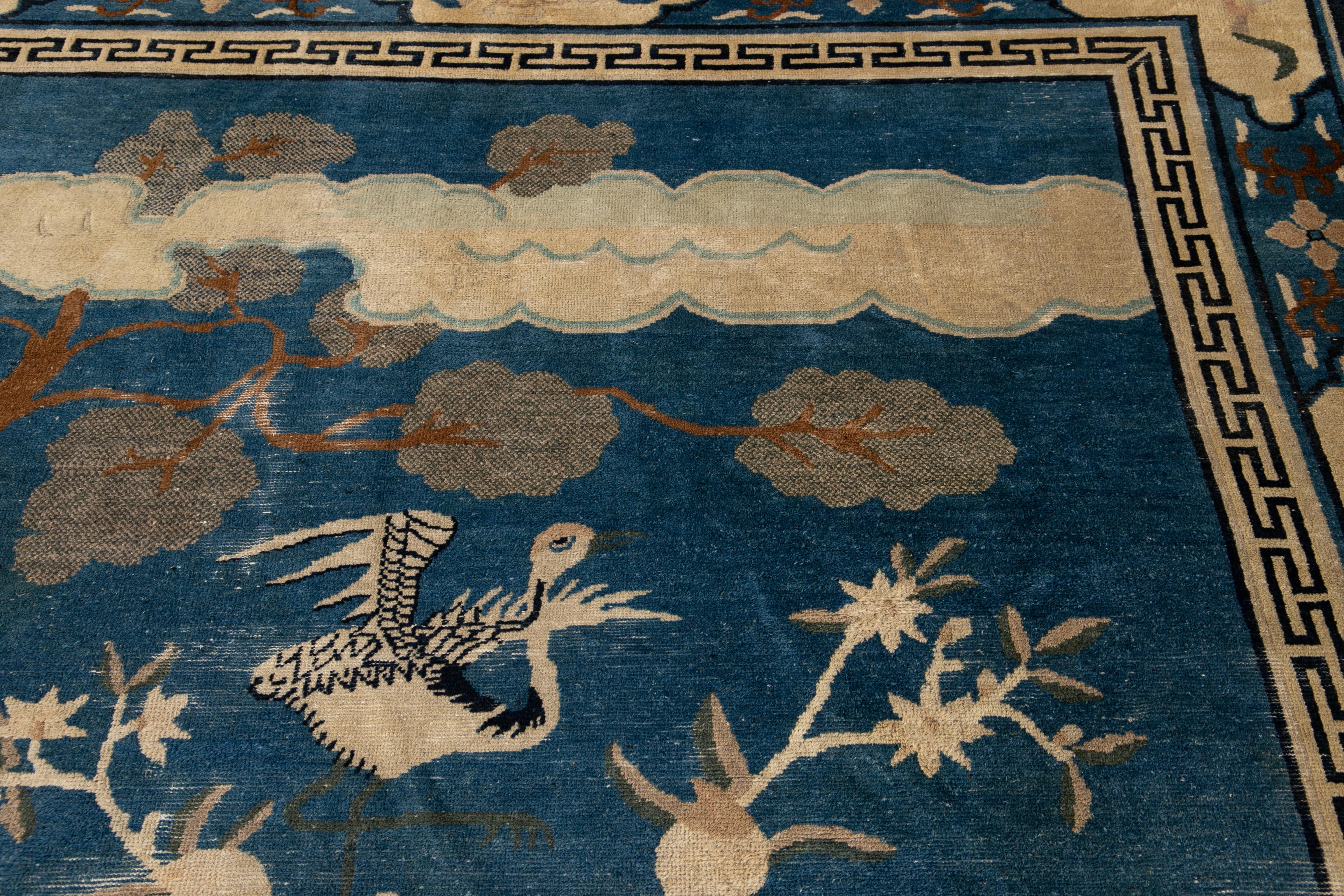 Antique Blue Chinese Peking Bird Design Wool Rug 7 Ft 8 In X 9 Ft 5 In. For Sale 7