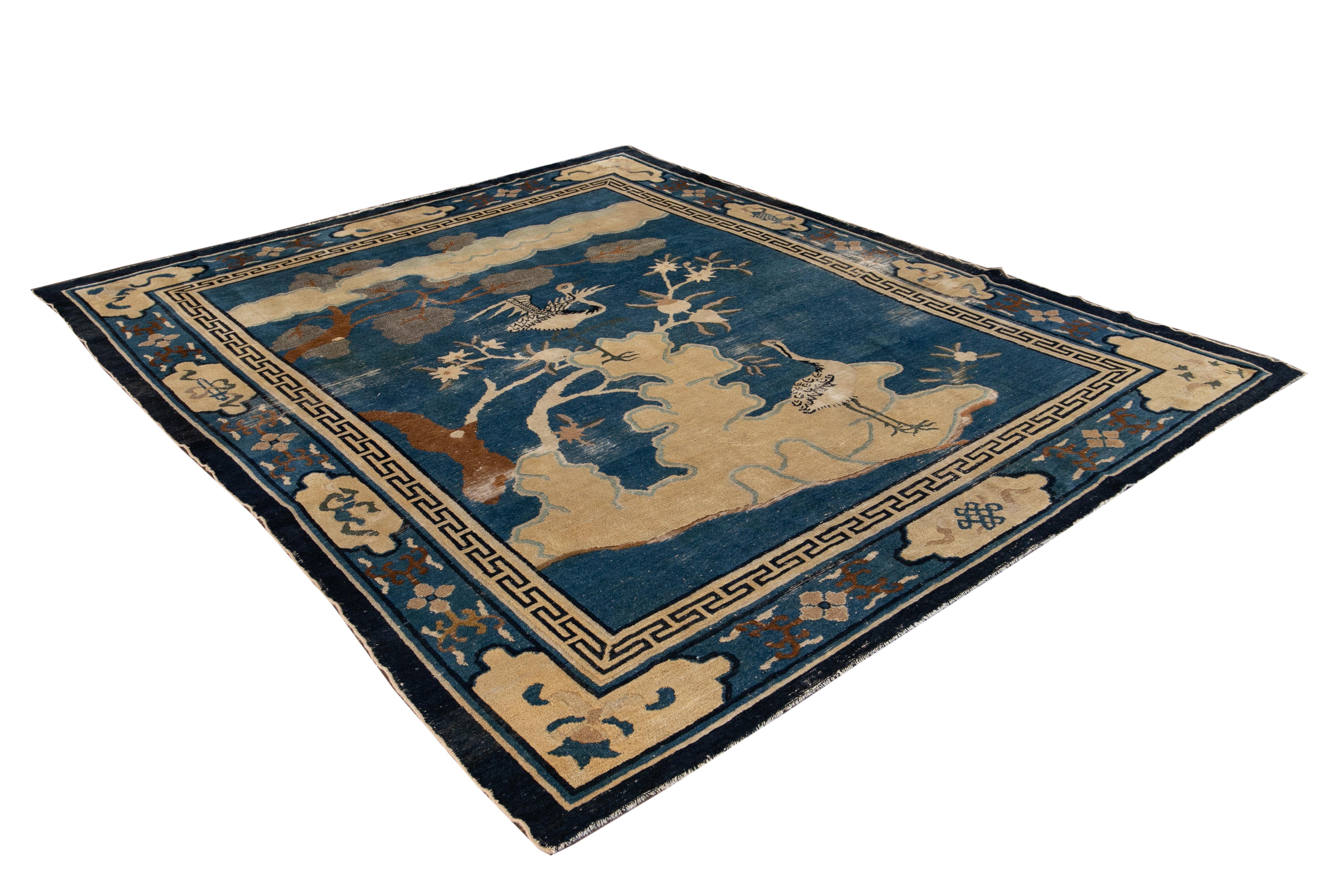 Antique Blue Chinese Peking Bird Design Wool Rug 7 Ft 8 In X 9 Ft 5 In. In Good Condition For Sale In Norwalk, CT